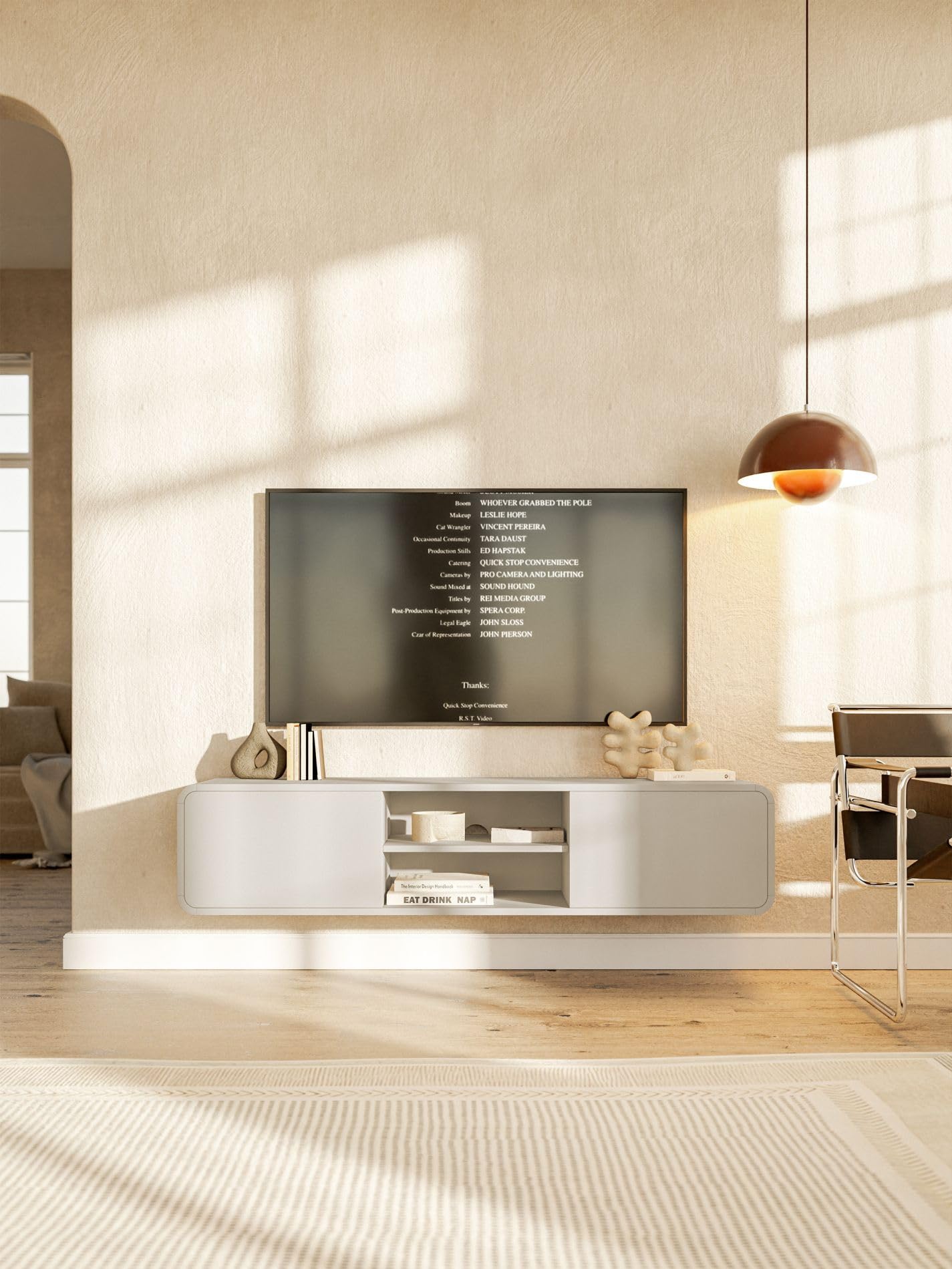 Meuble TV Suspendu Fiorra 144cm Design Cachemire - Rangement Moderne Avec 3 Compartiments Et Gestion Câbles