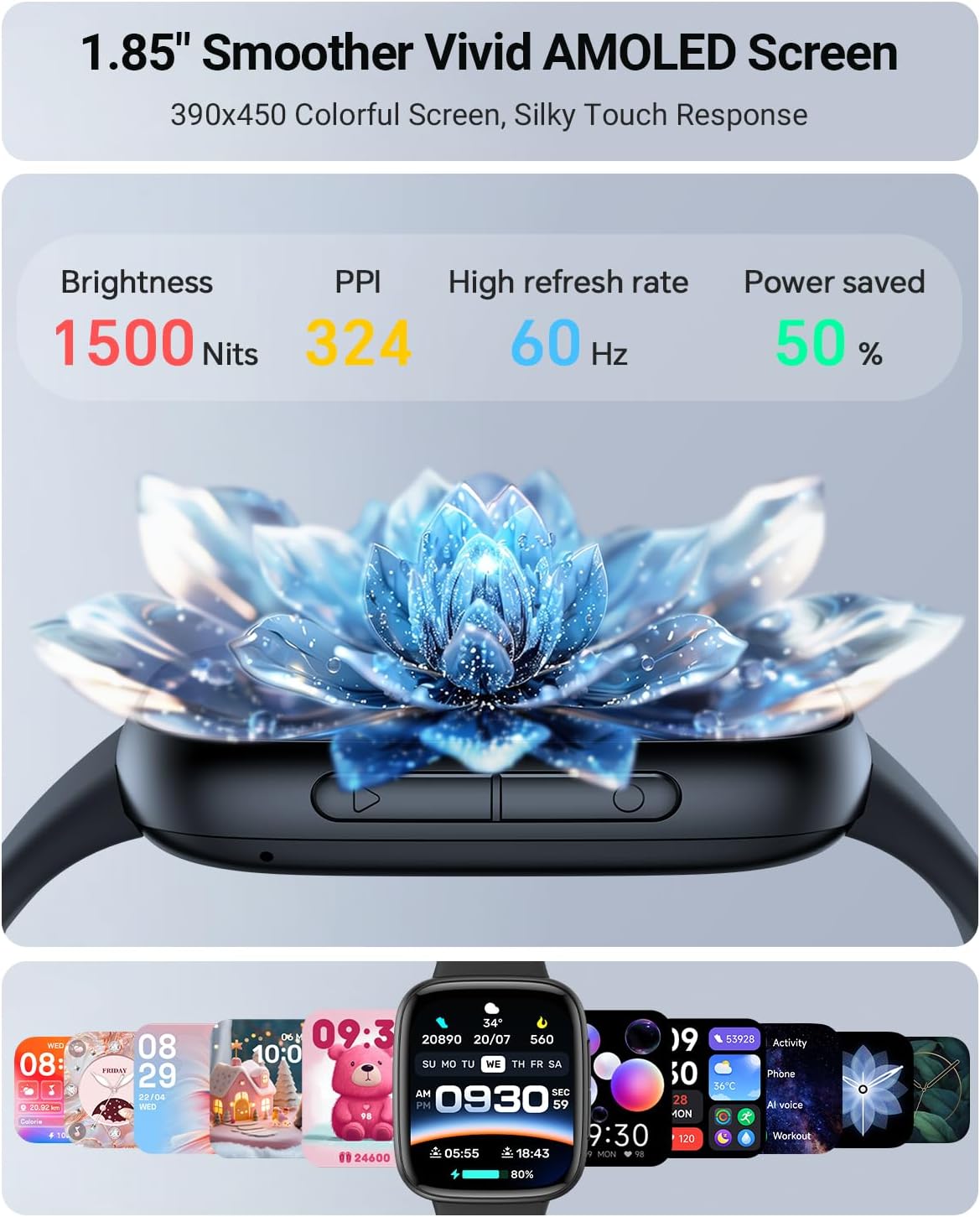 Gydom Smart Watch for Women/Men, 1.85" AMOLED Vivid Smartwatch Compatible iPhone/Samsung/Android (Bluetooth Call), 120+ Sport Modes Fitness Tracker with Heart Rate/Sleep/SpO2 Monitor, 3ATM Waterproof