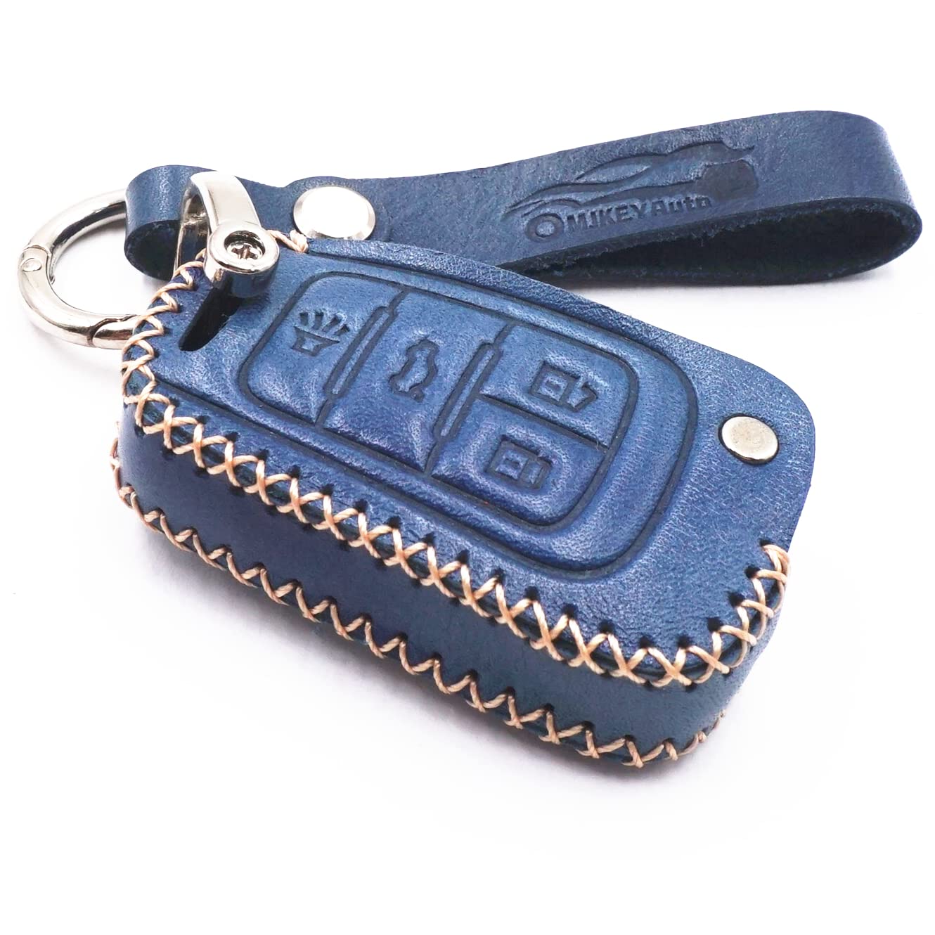 MJKEYAuto Leather 4 Buttons Flip Key Fob Cover Case for Chevrolet Chevy Camaro Impala Cruze Equinox Malibu Sonic GMC Terrain (Blue)