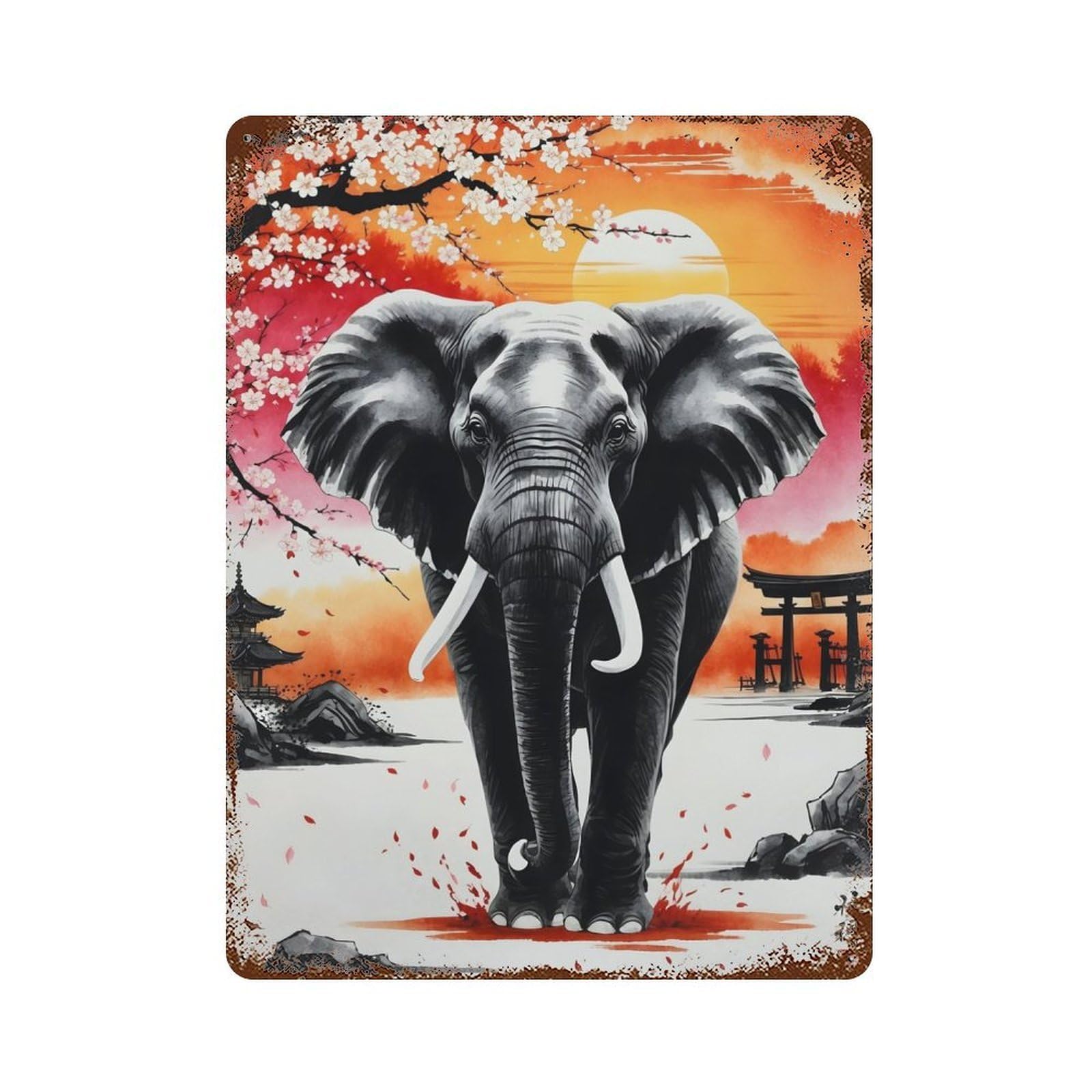 Rust Effect Japan Elephant Painting Aged Metal Wall Plaque 15.7"x11.8", Rustic Home Decor for Bistro, Counter And Cafe Decor