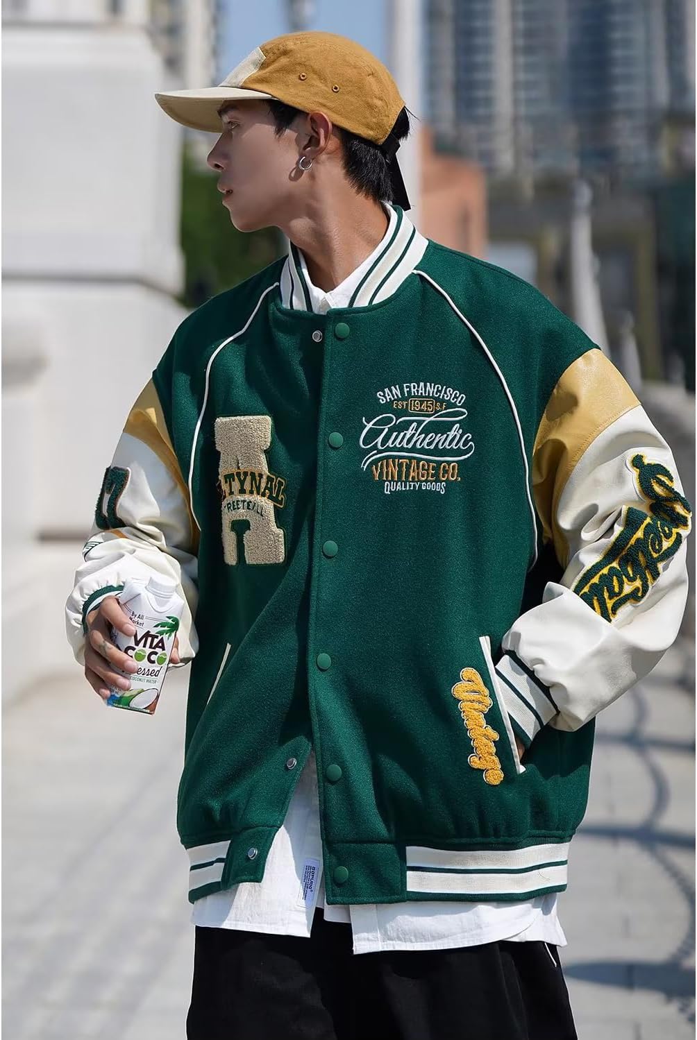 D.IIZOO Men's Loose Stadium Jacket PU Leather Sleeve Uruguay | Ubuy