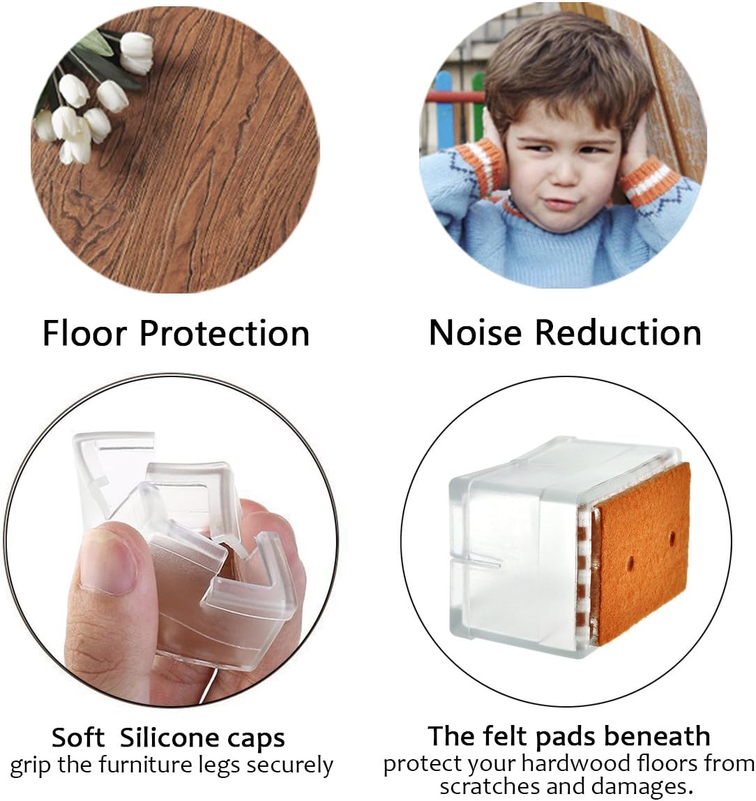 Chair Leg Caps, WarmHut 16pcs Transparent Clear Silicone Table Furniture Leg Feet Tips Covers Wood Floor Protectors, Felt Pads, Prevent Scratches, (Rectangle)
