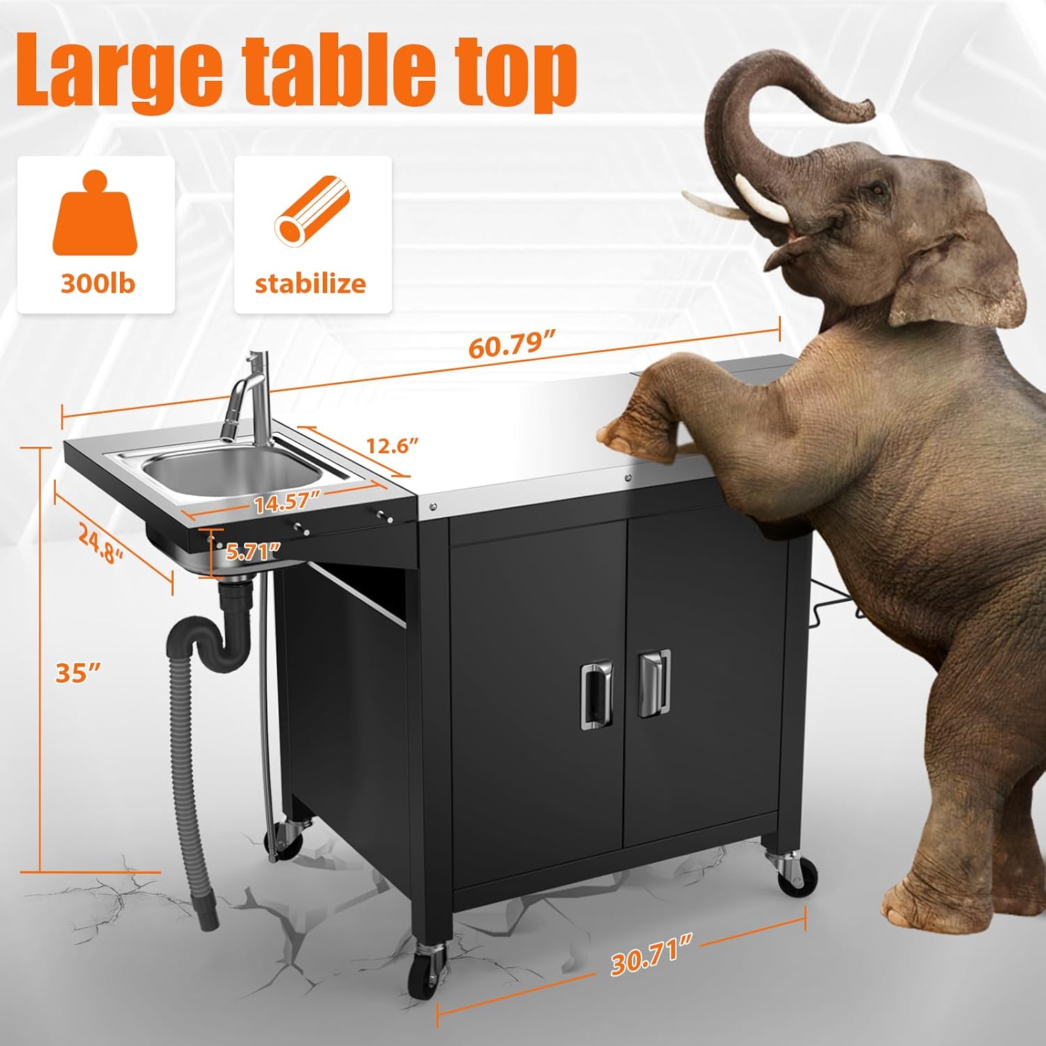 Outdoor Kitchen Cabinet Island with Sink, Ice Bin, 100-Gallon Storage Cabinet, and Lockable Wheels, Stainless Steel Patio Prep Table for BBQ, Outdoor Cooking, and Grilling Barbecue Tool Set