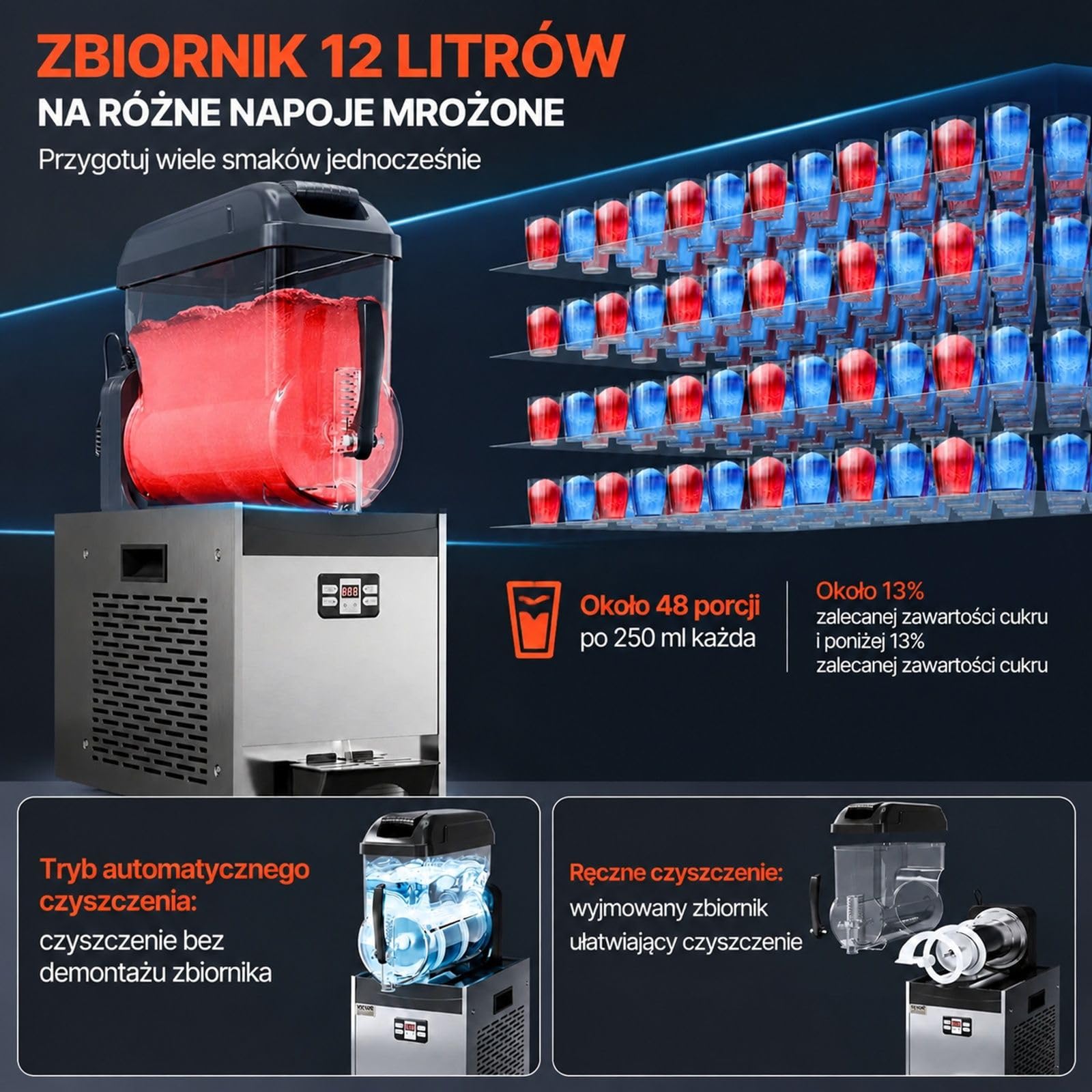 Komercyjna maszyna do lodu kruszonego 12 l, 48 filiżanek, pojedynczy zbiornik, stal nierdzewna, czarna, z klawiaturą, do restauracji, kawiarni, barów