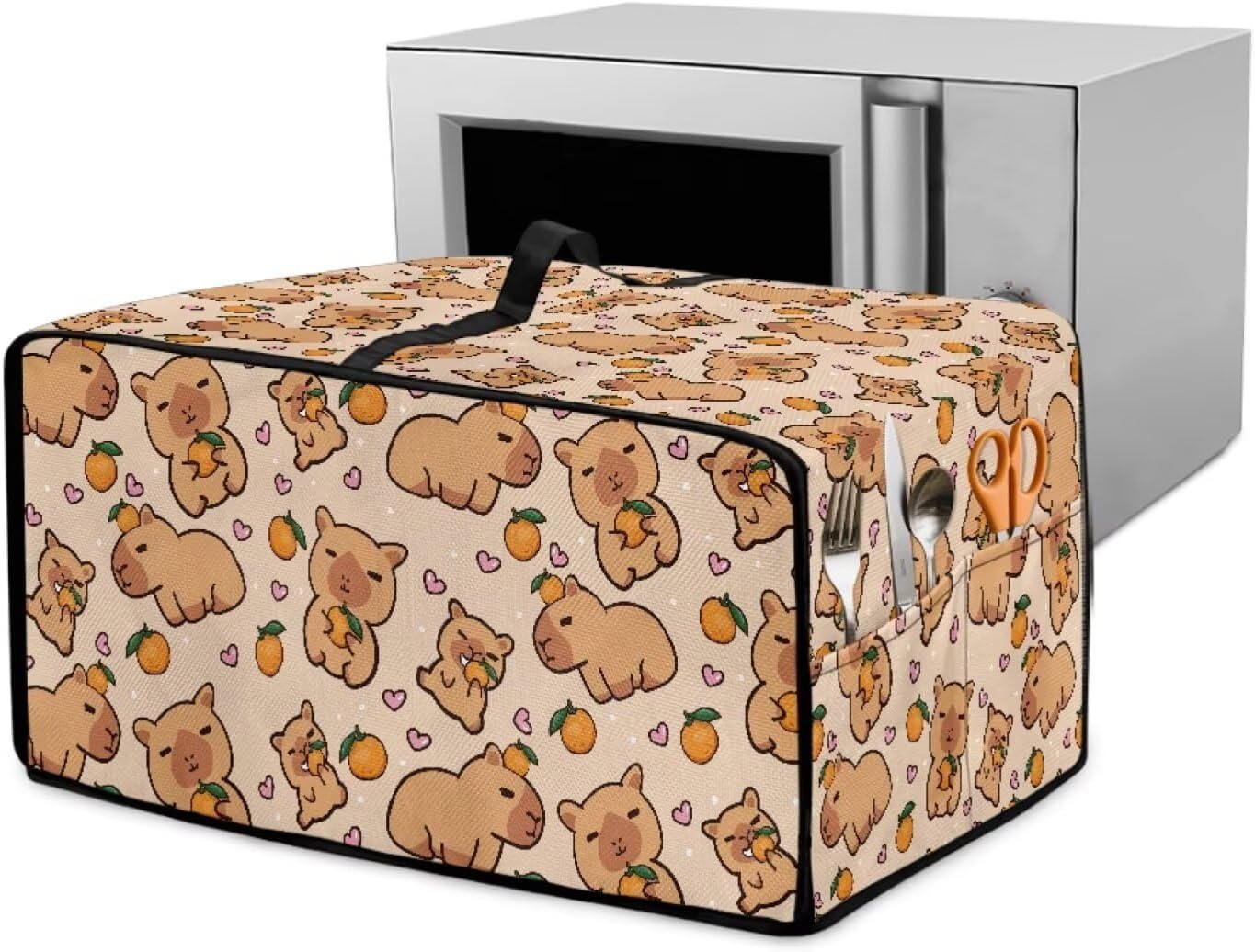 Capybara Orange Heart Print Toaster Oven Dust Cover, Heat-Resistant Heavy Duty Kitchen Counter Appliance Protector with Accessory Pockets (Large-18.5*22.5*12.99 inches)