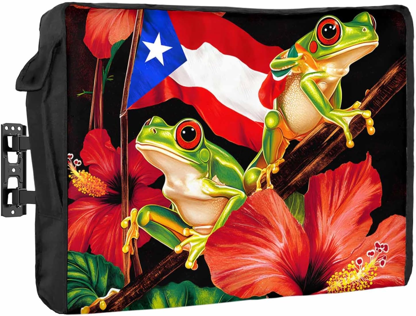 4th of July Outdoor TV Cover 55 Inch Frog Puerto Rico Flag TV Enclosure Independence Day Hibiscus Flower TV Covers for Outside Holiday TV Display Screen Protector with Remote Control Pocket