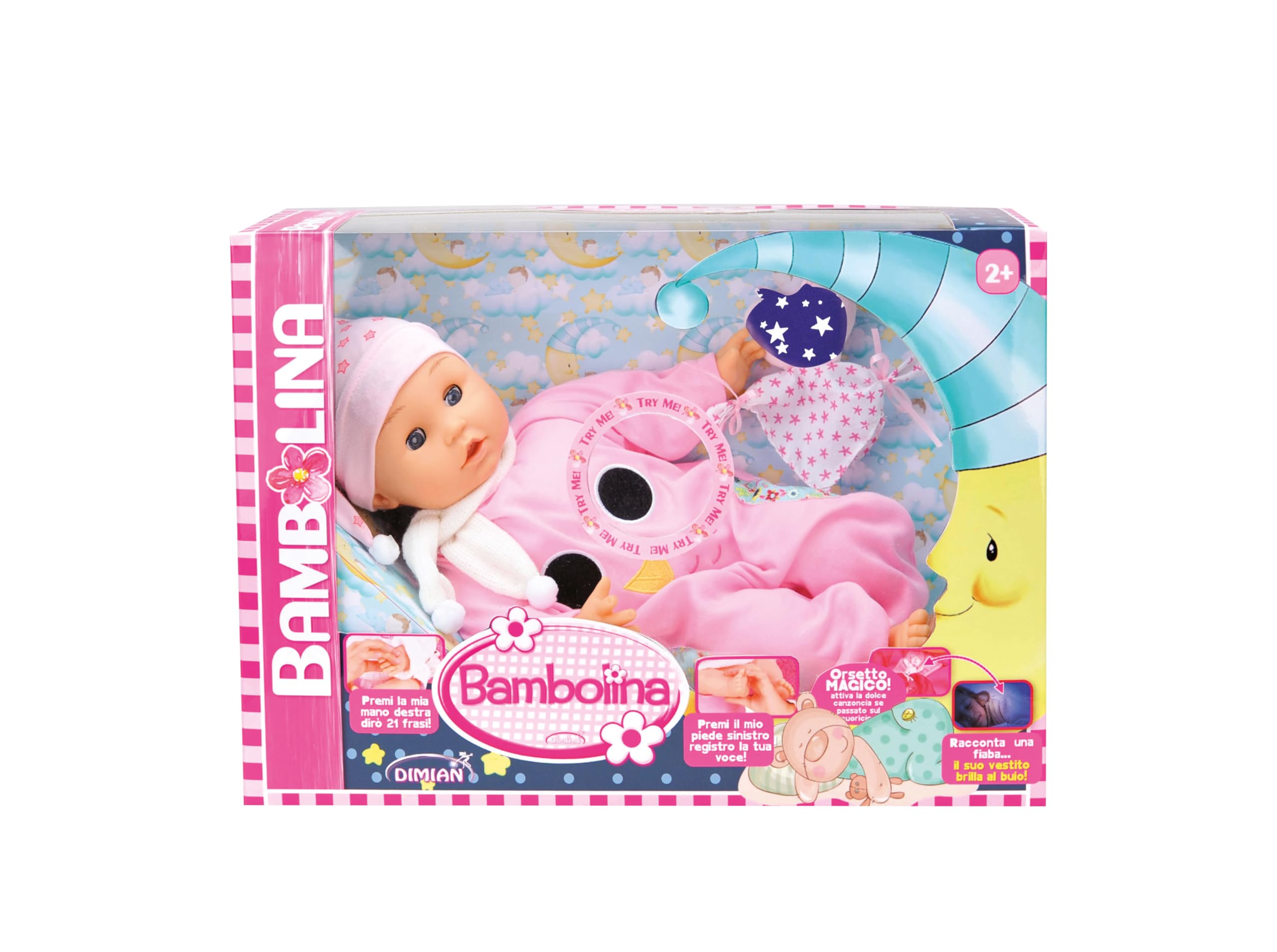 Pioupiou et Merveilles Dimian - Bambolina Lalka Dobranoc - 42 cm - Lalka z czapką nocną - Smoczek do odtwarzania czasu snu - Piosenkarka i kołysanka z 50 zapisanymi słowami