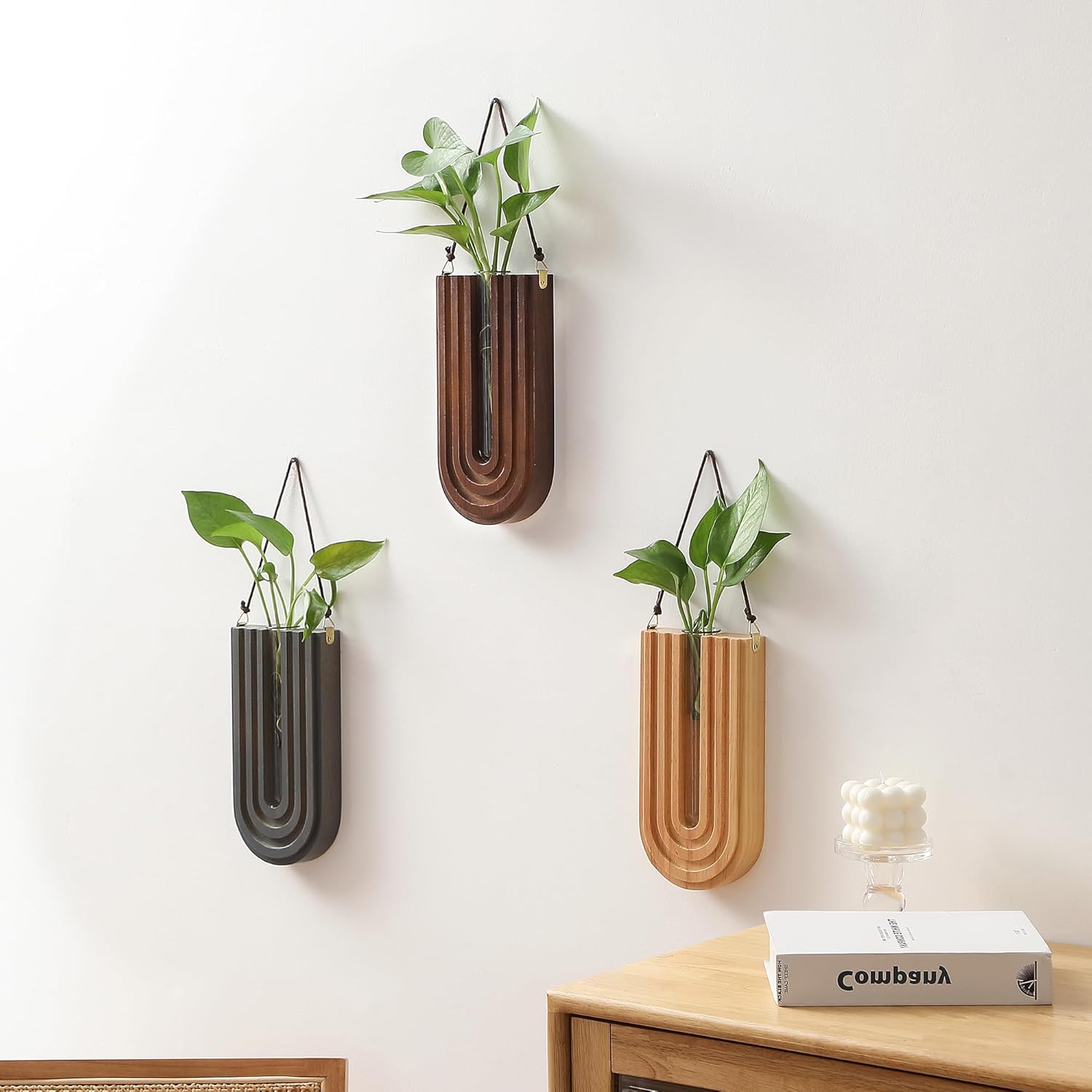 Wood Wall Planter Indoor, Propagation Station, Wooden Hanging Vase for Dried Flowers, Plant Holder, Boho Wall Décor for Living Room Rainbow U Shape (Set of 3) - Image 3