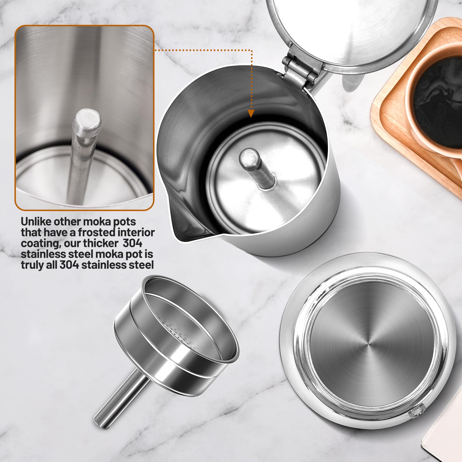 Olla Moka de acero inoxidable 304 grueso para 4 tazas, cafetera italiana de 200 ml, apta para estufas de inducción de gas, elegante, cafetera percoladora, cafetera
