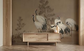 MareWallArt Dark Chinoiserie Wallpaper Crane Birds Wallpaper Mural Heron Wallpaper Large Photo Wallpaper Livingroom Decor
