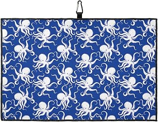 Microfiber Golf Towel with Waffle Pattern Octopus Sea Creatures Sea Life Nautical Navy Art Painting Quick Dry and Super Absorbent Golf Towel for Golf Bags with Carabiner Clip