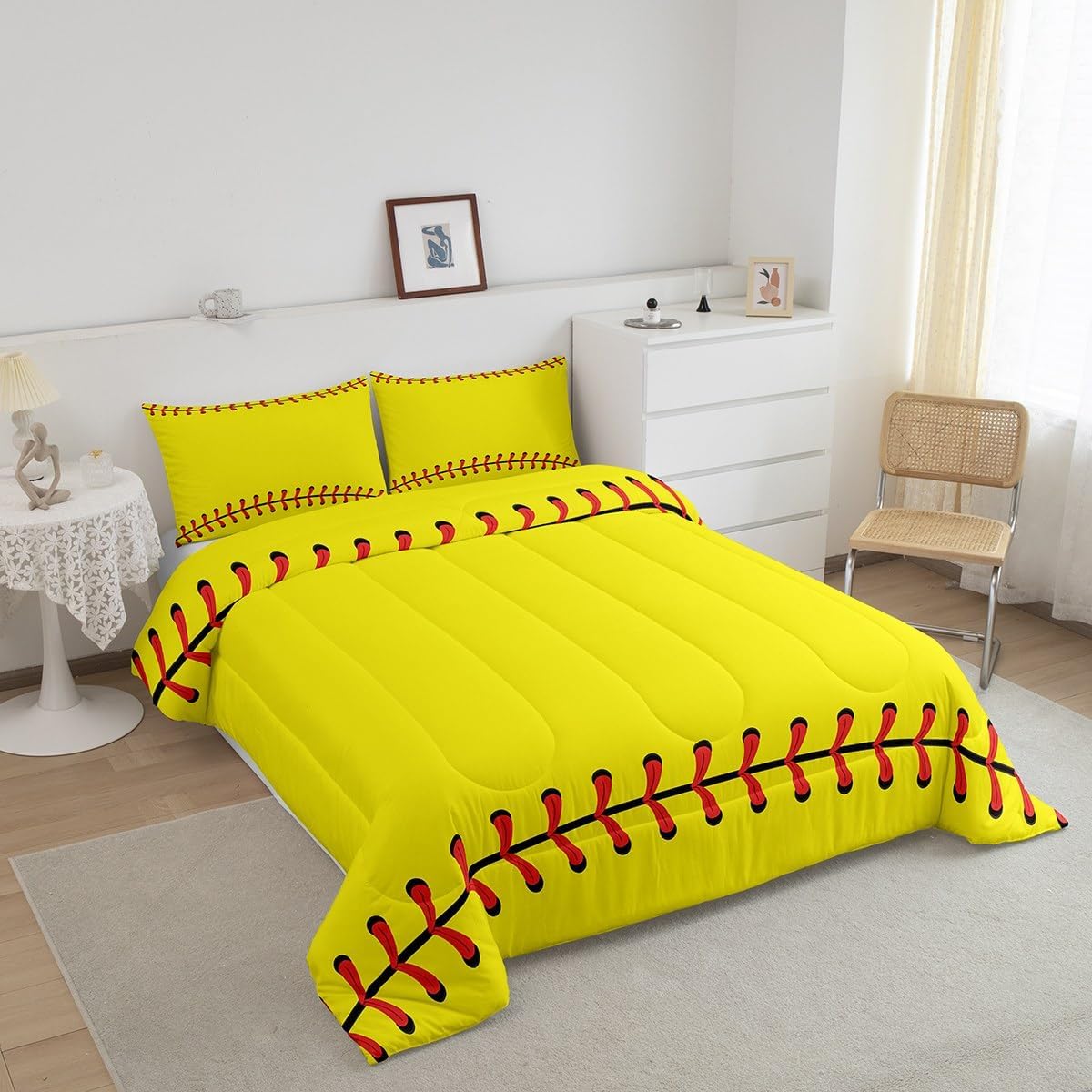 Feelyou Softball Comforter Set for Girls Boys Kids Baseball Comforter Yellow Decor Teens Men Ball Sports Game Bedding Set Baseball Gaming Quilt Full Size 3Pcs for All Season Boys