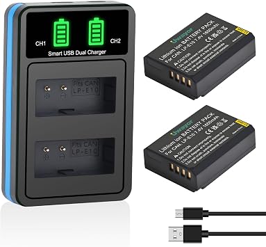 LP-E10 LP E10 Battery 2 Pack and Dual Charger for Canon EOS Rebel T3 T5 T6 T7 T100 Kiss X50 X70 X80 X90 EOS 1100D 1200D 1300D 1500D 2000D 3000D 4000D Camera