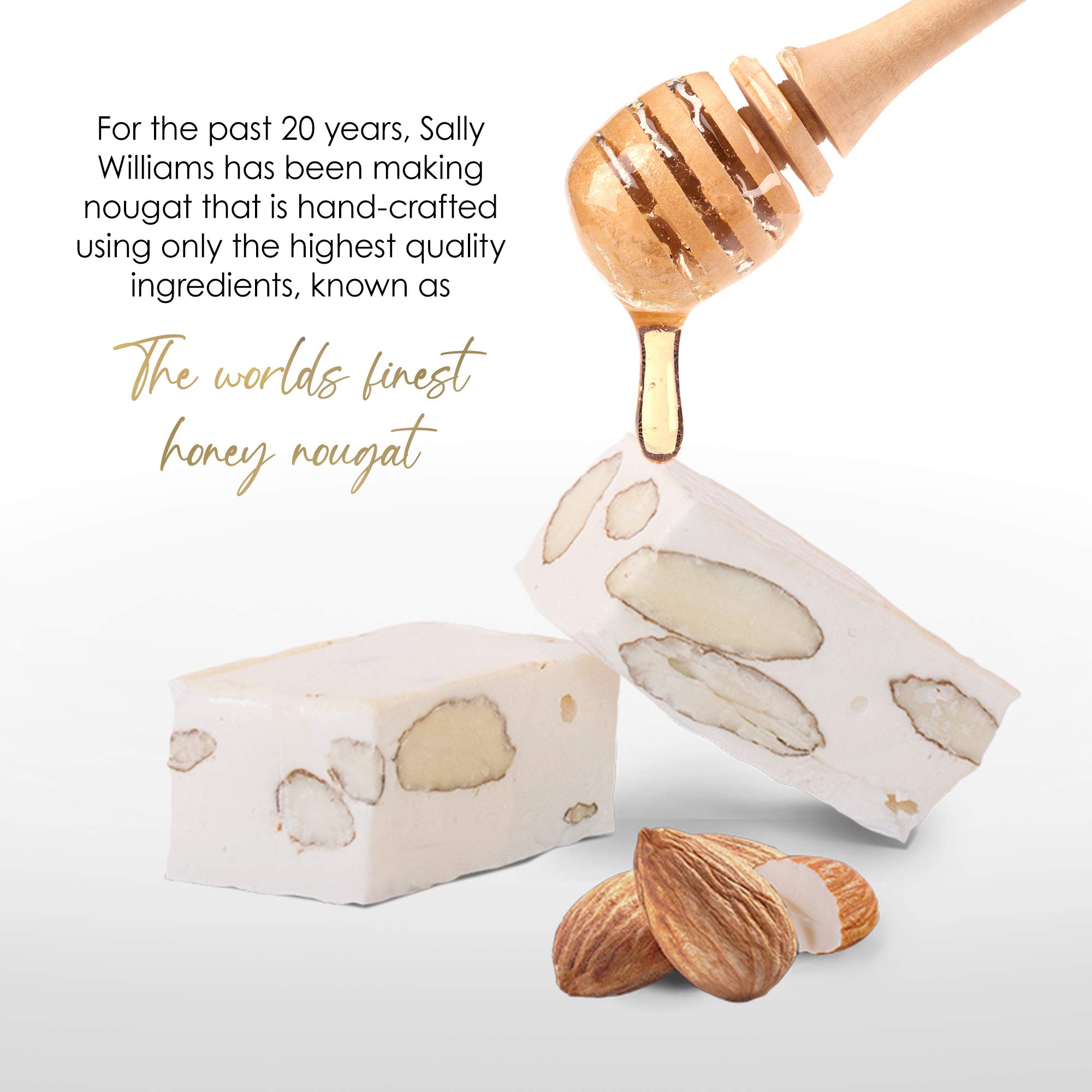 Sally Williams, Premium Soft Honey Nougat Geschenkbox – handgefertigte Nougats mit gerösteten Mandelnüssen – 150 g Packung mit 10 Stück