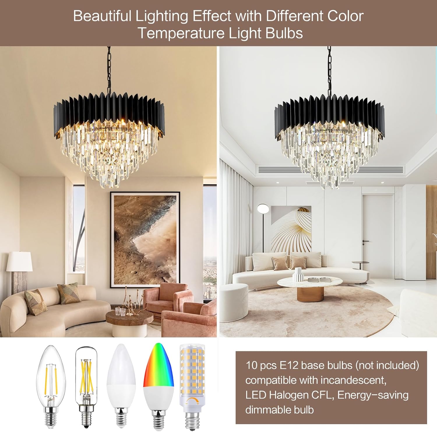 24" Modern Black Crystal Chandeliers 5-Tier 10 Lights Ceiling Light Fixture K9 Crystal Hanging Pendant Ceiling Light for Dining Room Living Room Bedroom Entryway