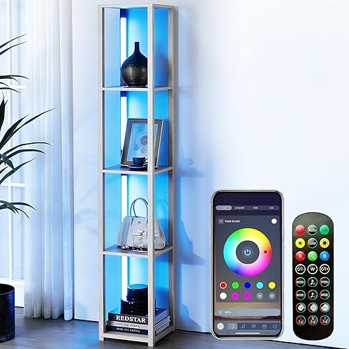 Miniatura 13 de Lámpara de pie LED con estantes, lámpara de estante con control remoto para dormitorio y sala de estar, lámparas de pie de exhibición de esquina con