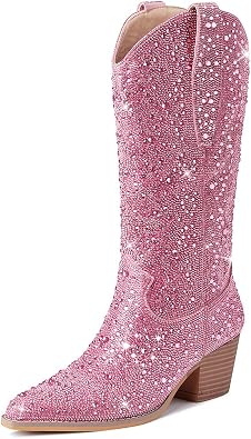 Kalstage Cowgirl Boots for Women Pointed Toe Stacked Heel Sparkly Rhinestones Cowboy Boots Pull-on Knee High Western Boots Bridal Wedding Boots