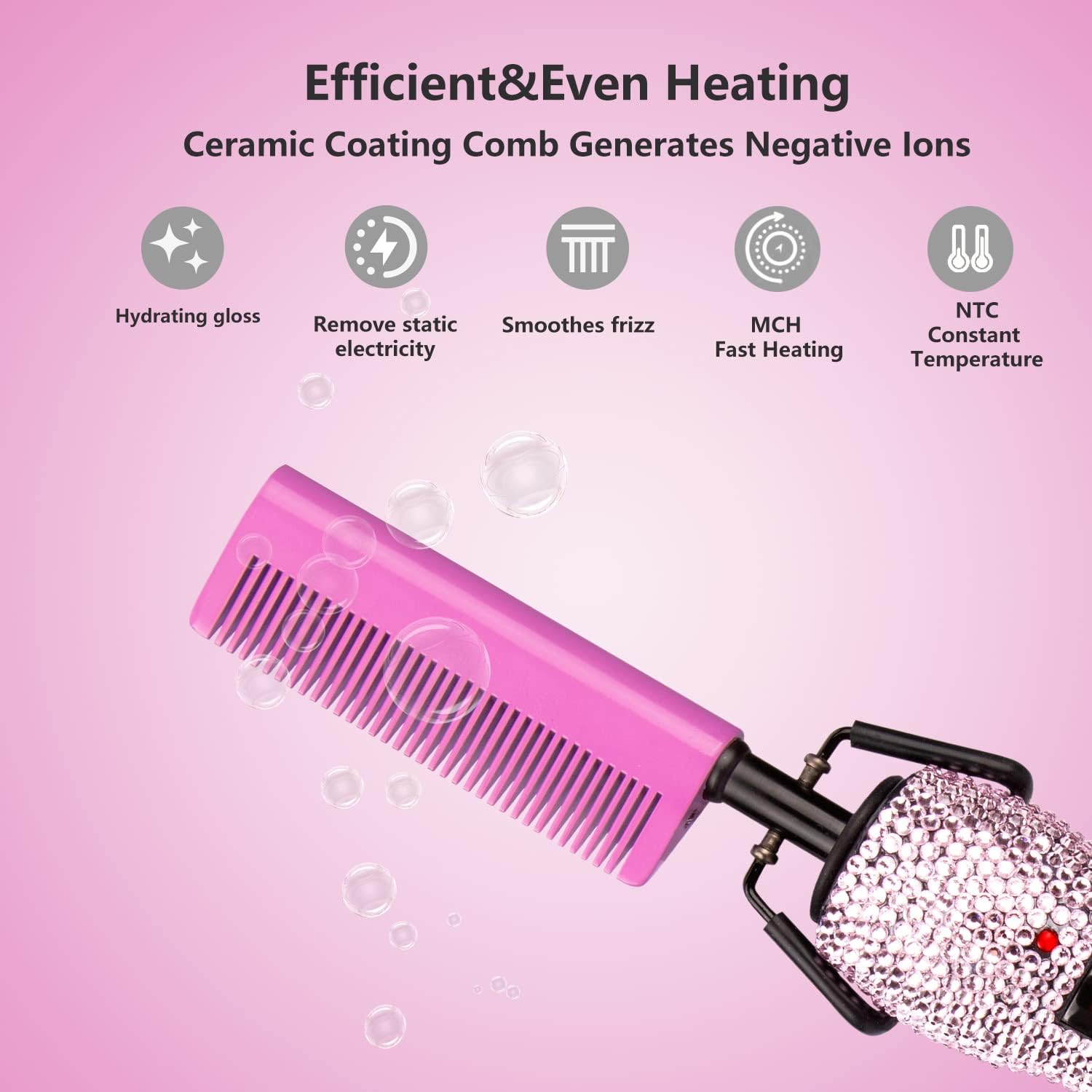 LURA Pink 180-500°F Hot Comb Electric for Wigs,Straightening Comb for African American Hair,Pressing Combs,Bling Diamonds Hair Straightener Brush for Women