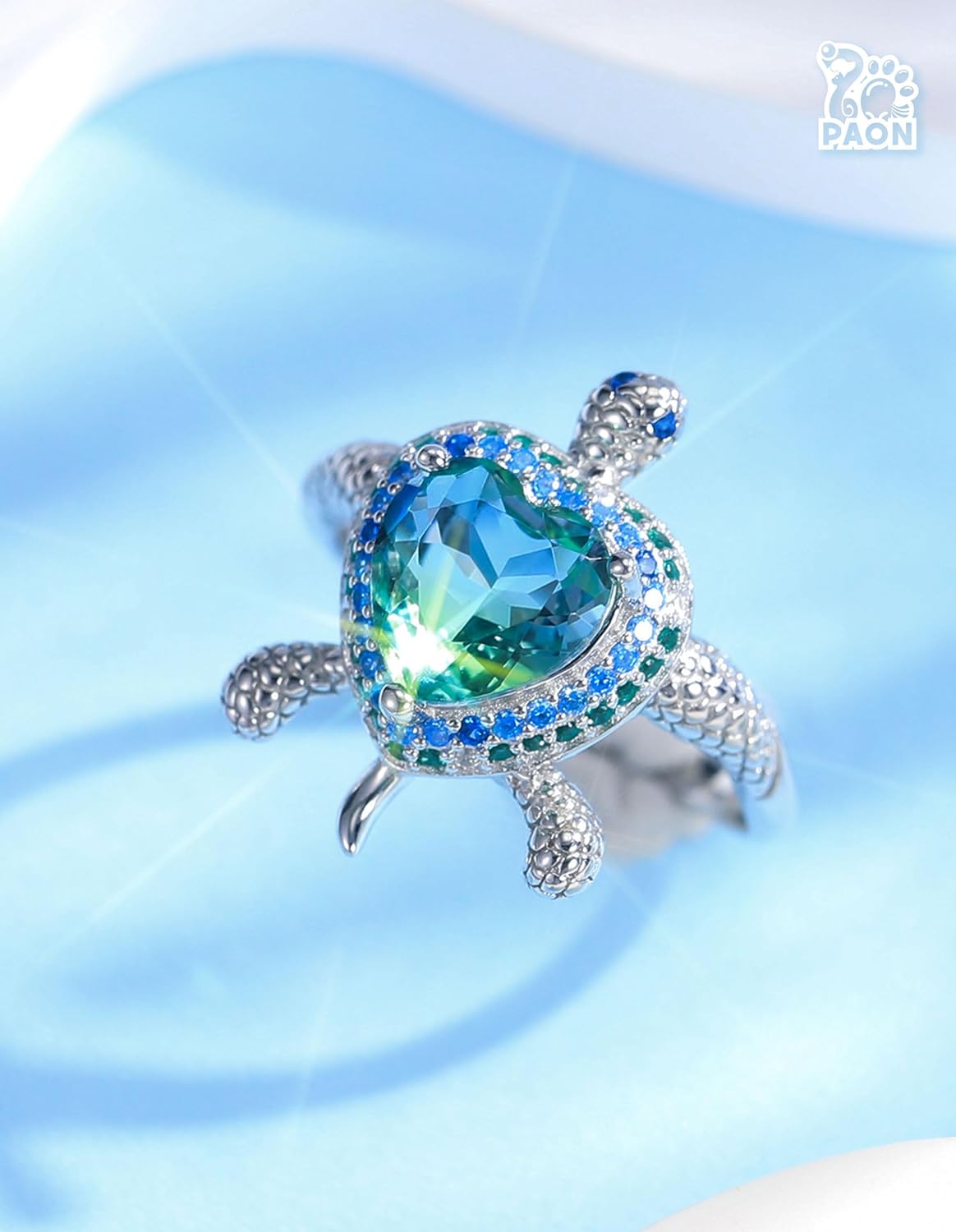 925 Sterling Silver Turtle Ring with Blue Crystal Cubic Zirconia Platinum Plated Bithday Mother's Day Ocean Theme Jewelry gift for Women Mom and Daughter 7#