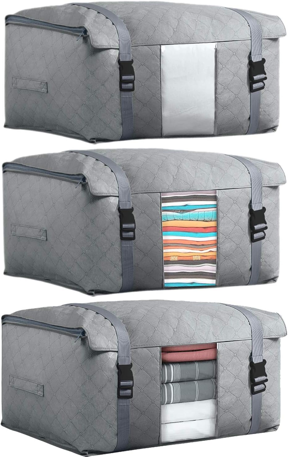 Amazon Dimj 布団収納袋 バックル式 衣装ケース 収納ケース 3枚組 圧縮できる布団袋 省スペース 大容量 不織布 活性炭シート入れ 透明窓 持ち手 分類収納 毛布 羽毛布団 衣類 クローゼット収納 押入れ ベルト付 グレー ふとん収納袋 オンライン通販