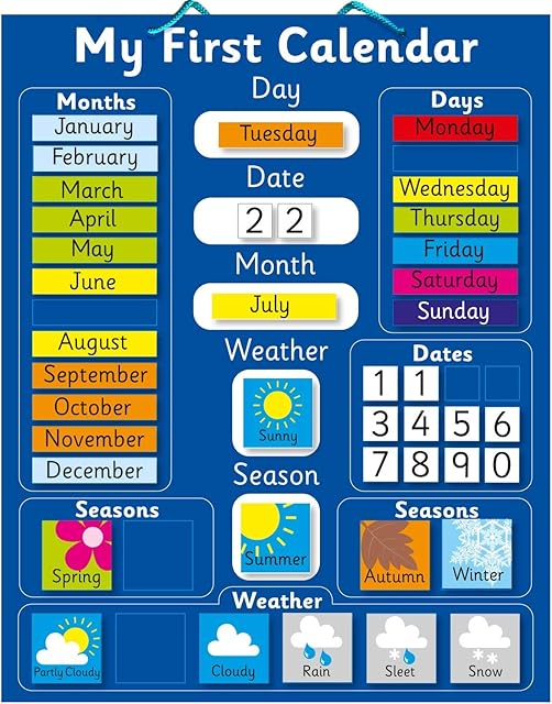 My First Magnetic Calendar - BLUE (also available in PINK). Rigid board 40 x 32cm with hanging loop