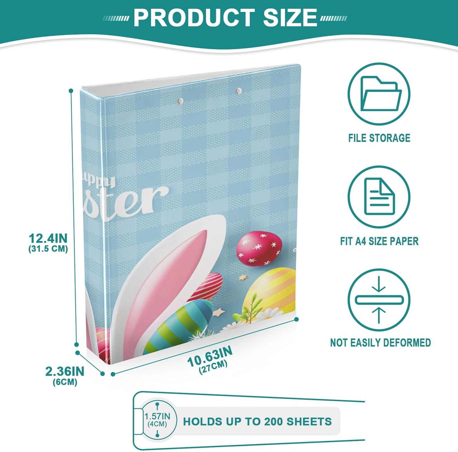 Happy Easter Theme 3 Ring Binders, 1.5” Round Ring Binders with Clipboard - Letter Size, 3 Interior PVC Clear Pockets & Anti-Slip Clip for Office School Supplies, 2PCS