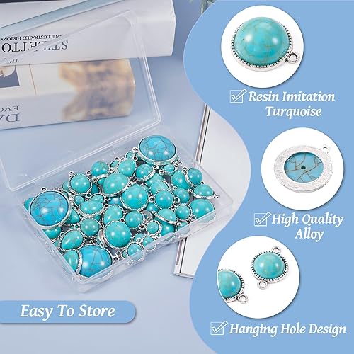 Miniatura 5 de Pandahall 70 dijes de conector turquesa con forma de lágrima estilo tibetano, aretes redondos bohemios, eslabones occidentales de plata antigua