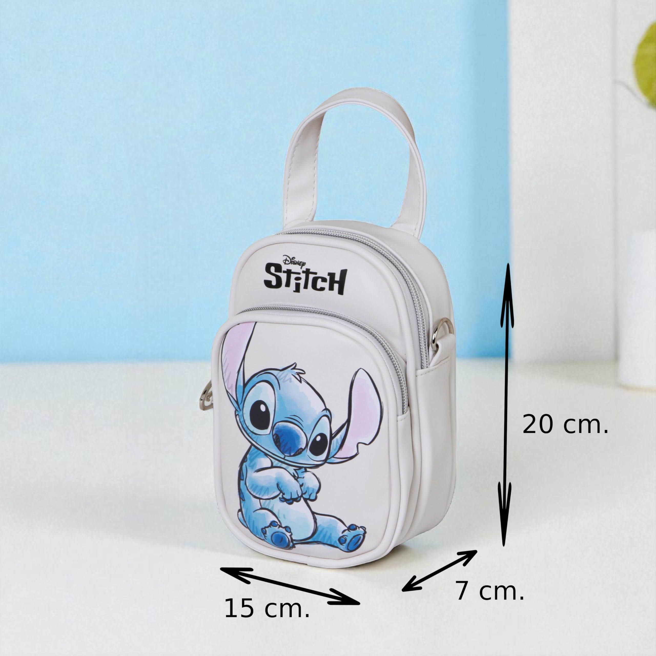 Disney Stitch mini torba na ramię z podwójną kieszenią - mała torebka damska 20 x 15 x 7 cm - kompaktowa beżowa konstrukcja z regulowanym paskiem i zamkami błyskawicznymi