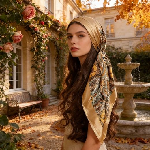 1 Lenço feminino de cetim com estampa paisley, 89 x 99 cm, lenço de cabeça quadrada para embrulhar, cachecol de cabelo versátil bandana para uso diário (café)