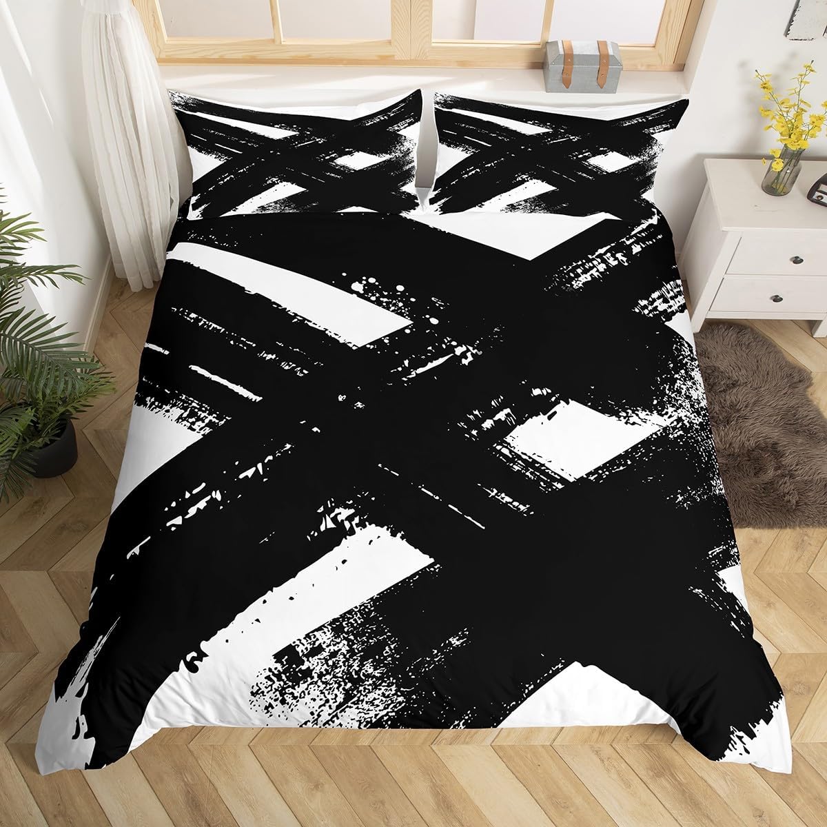 Feelyou Kids White Black Duvet Cover King Size Geometric Stripes Bedding Set for Boys Girls Modern Striped Art Luxury Abstarct Art Comforter Cover Set（No Comforter