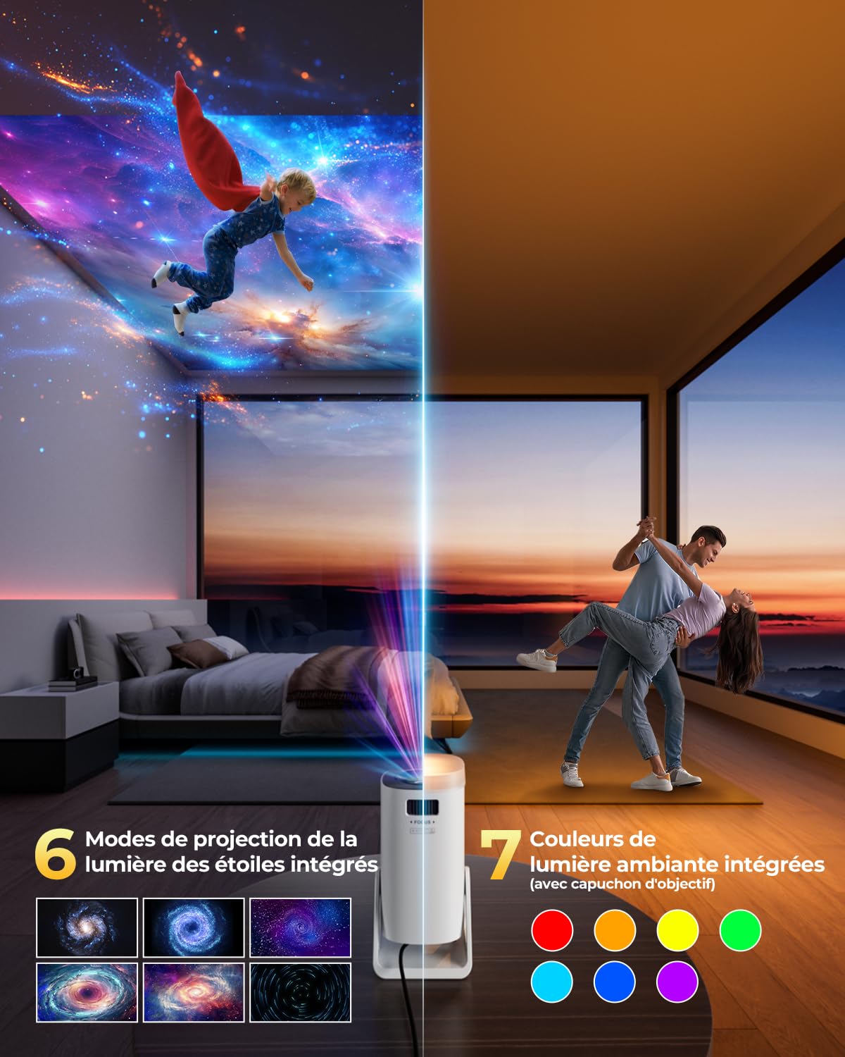 Vidéoprojecteur 4K Supporte, Mini Projecteur Portable Apps intégrées avec WiFi et Bluetooth, 270° Rotation Home Cinéma Star Rétroprojecteur pour Phone/PS5/HDMI/TV Stick/USB