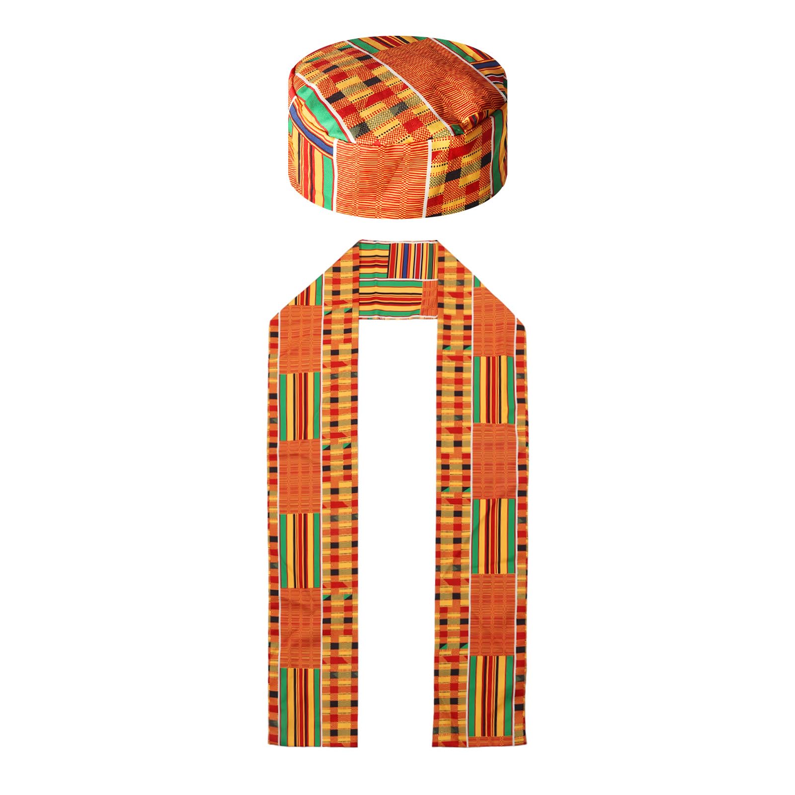 2 Pcs African Kente Pattern Kufi Hat Men Kente African Print Stole Sash for Black African History