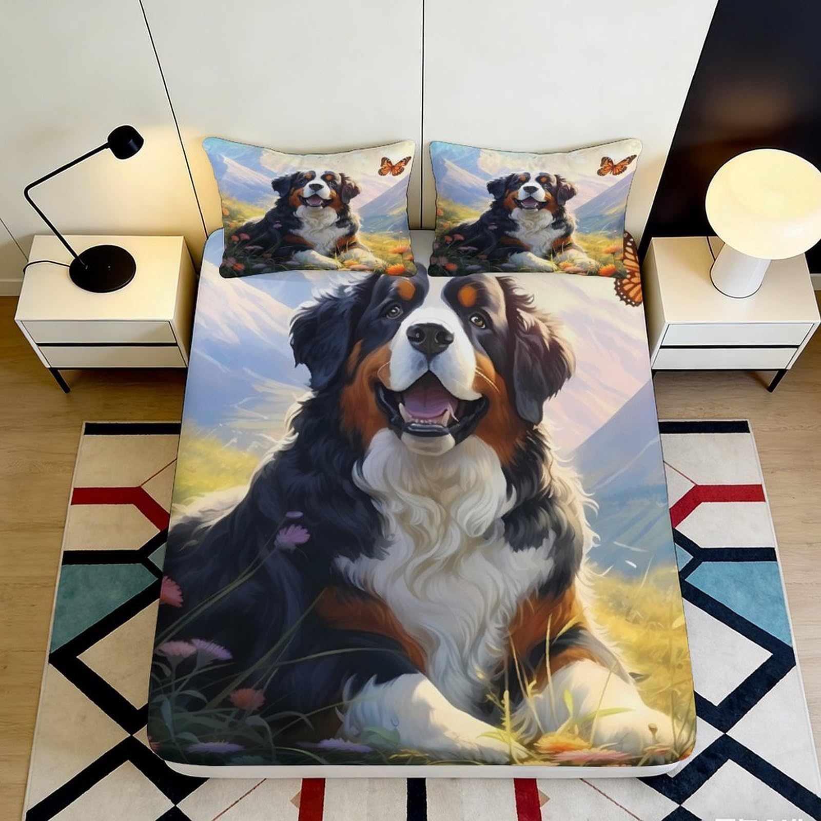 3D Printed Bernese Mountain Dog Fitted Sheet Microfiber Soft Breathable Meadow Bed Cover for Bedroom Decor Protection 90x200x25cm