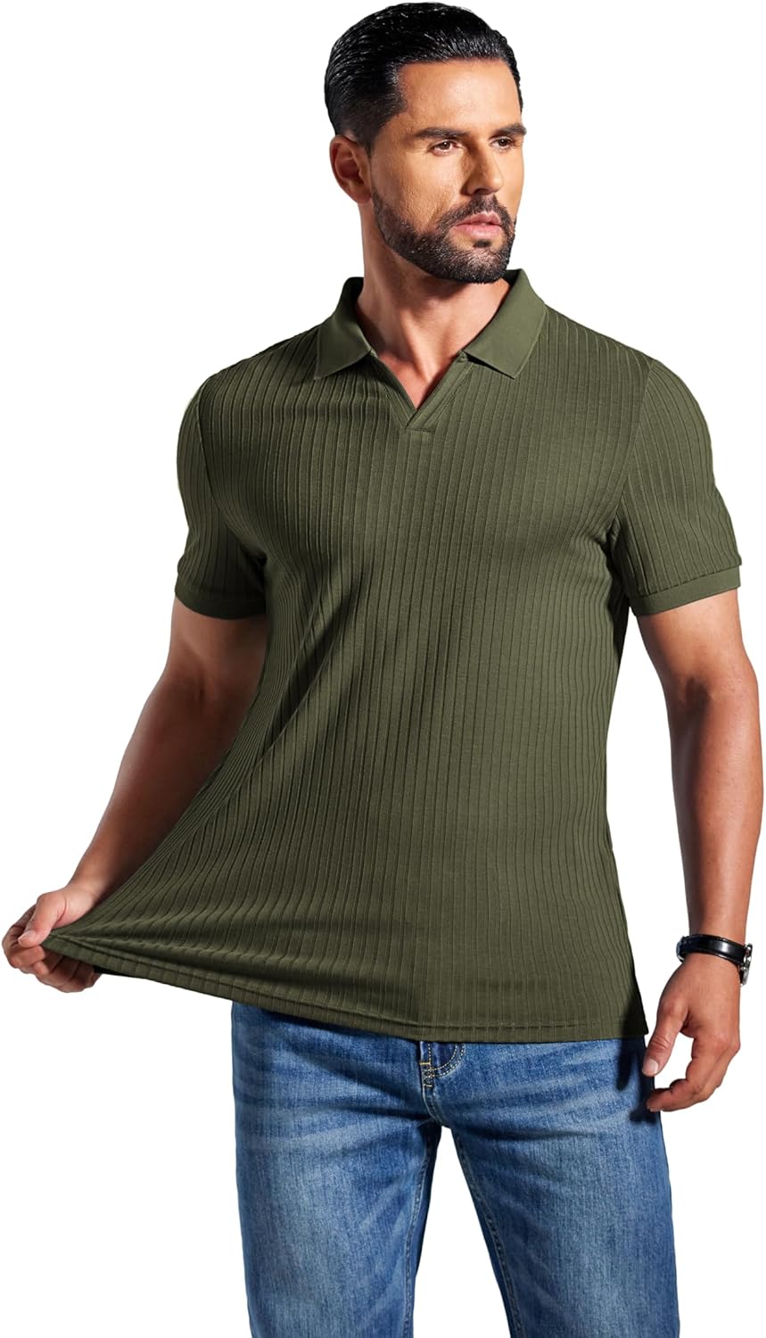 COOFANDY Men's Ribbed Polo Shirts Short Sleeve V Neck Slim Fit Polo T-Shirt Casual Summer Collared Golf Shirt - Image 6