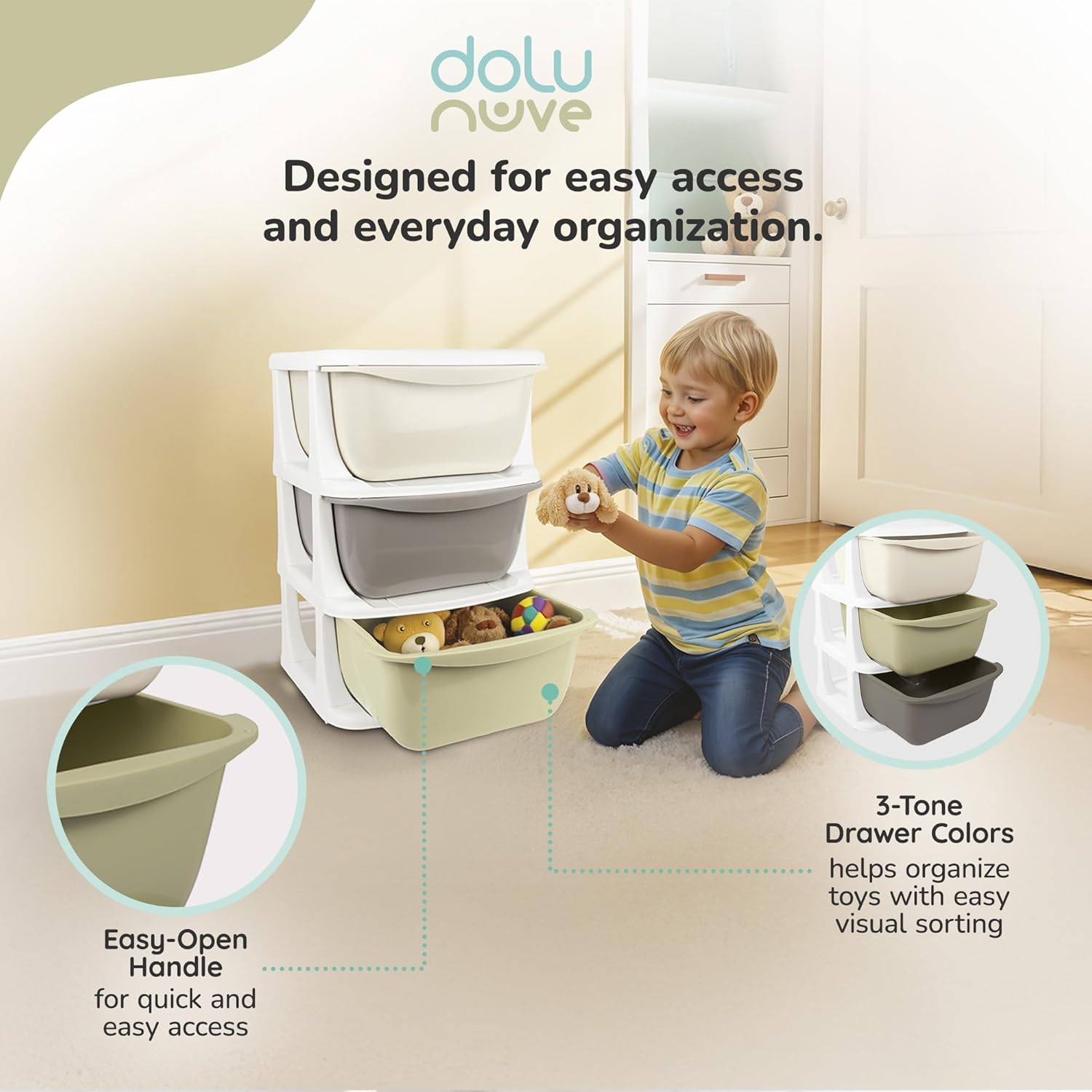 Dolu Nuve Kids 3-Tier Storage Unit with Drawers, Plastic Toy and Craft Organizer for Playroom Bedroom or Classroom, Freestanding Storage for Kids