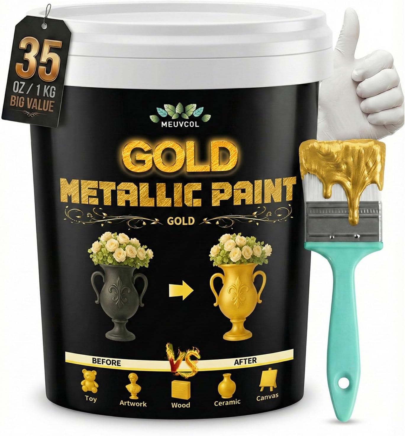 Meuvcol Gold Paint, 35 Floz Metallic Liquid Gold Leaf Paint - Non Toxic Shiny Acrylic Coating for Metal, Wood, Furniture, Clay, DIY Crafts, Artwork & Home Décor