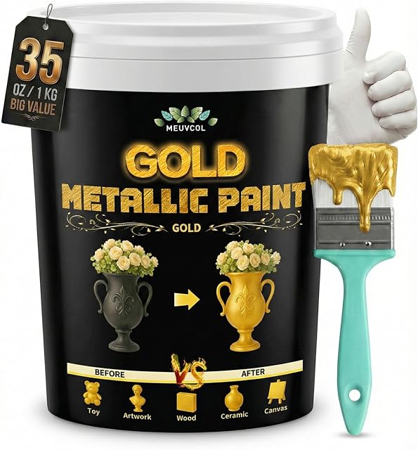 Meuvcol Peinture dorée, 35 Floz métallisé peinture à feuille d'or liquide - Revêtement acrylique brillant non toxique pour le métal, le bois, les meubles, l'argile, DIY Artisanat, Art & Accueil Décor