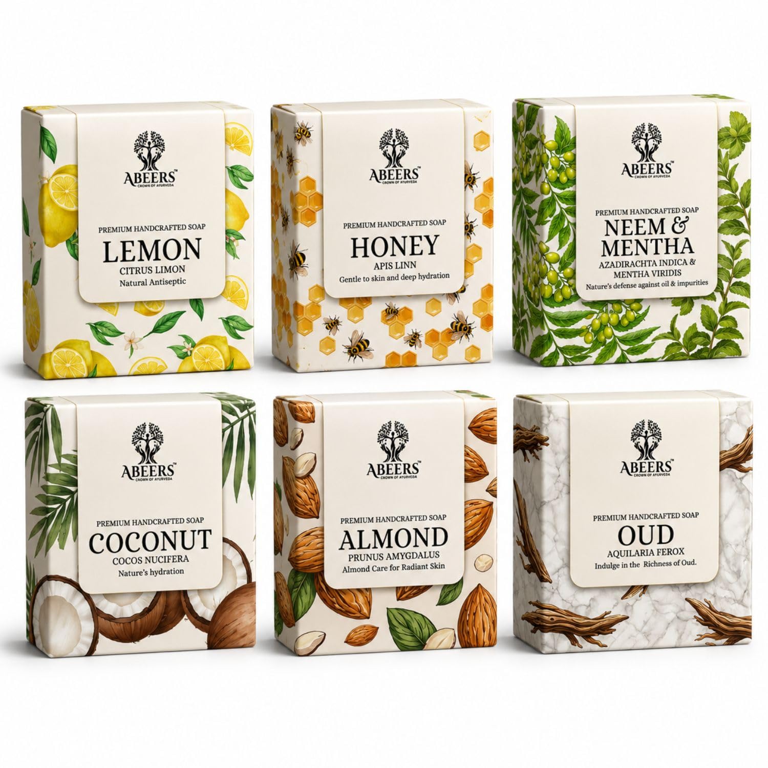 abeers handcrafted cold processed soap bars - almond, honey, coconut, lemon, neem-mentha, oud scents, natural soap gift set enriched with essential oils for refreshing skincare, 100g each (pack of 6)