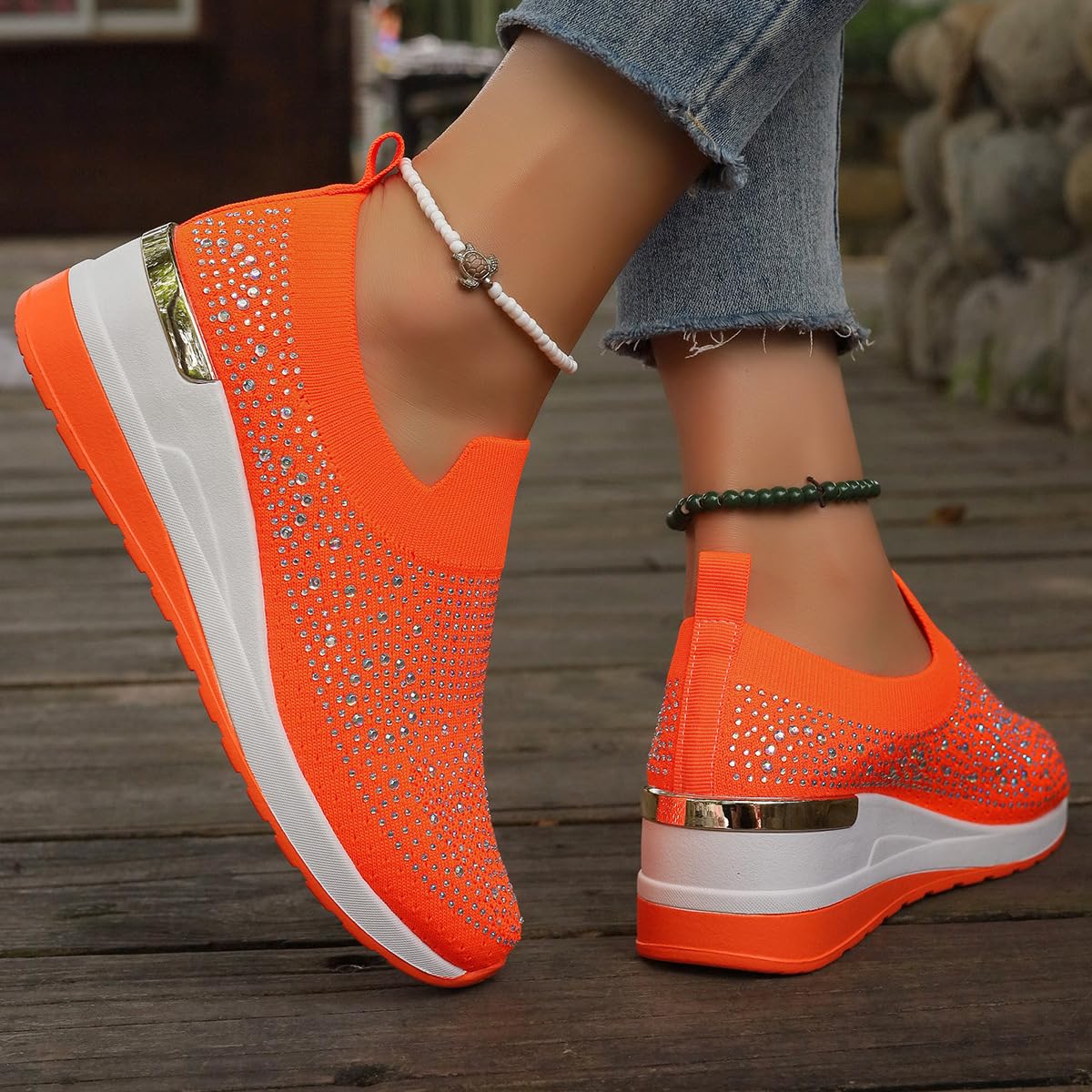 Scarpe da ginnastica da donna con zeppa e strass scintillanti, alla moda, con strass, con zeppa, casual, senza lacci, scarpe da tennis