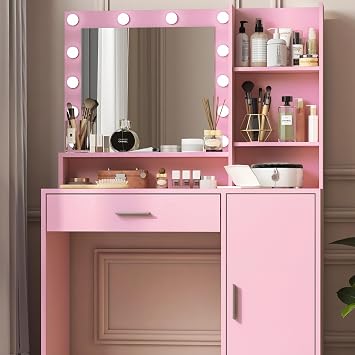Pink Vanity Desk with Mirror, Makeup Vanity with Large Drawer, Vanity Table with 3 Level Storage Dresser, 3 Lighting Modes Adjustable Brightness, Bedroom Dressing Table