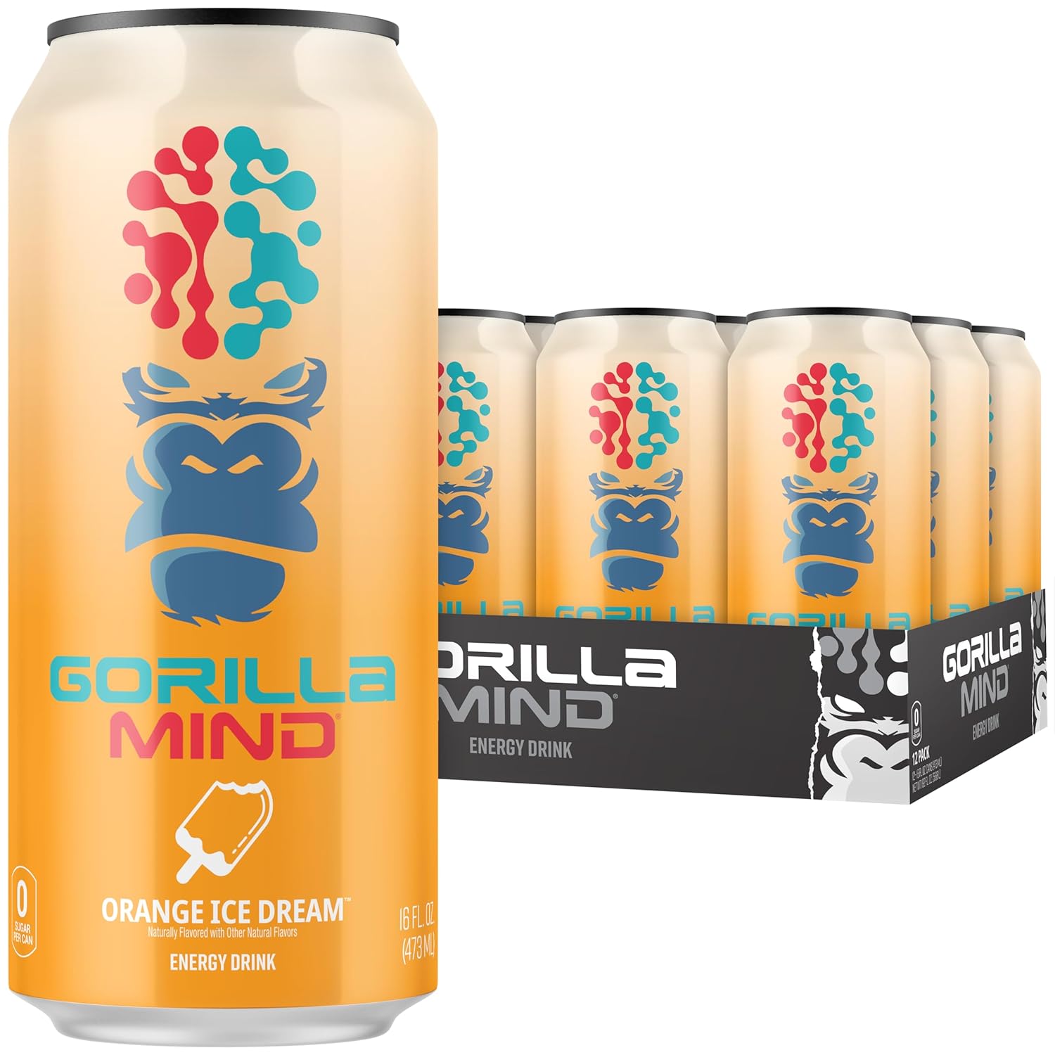 Gorilla Mind Energy Drink | Unmatched Energy  Amplified Focus | N-Acetyl-L-Tyrosine, Alpha-GPC, 200mg Caffeine, Uridine, Saffron | 0 Sugar Or Artificial Colors | 16oz, 12-Pack (Orange Ice Dream)