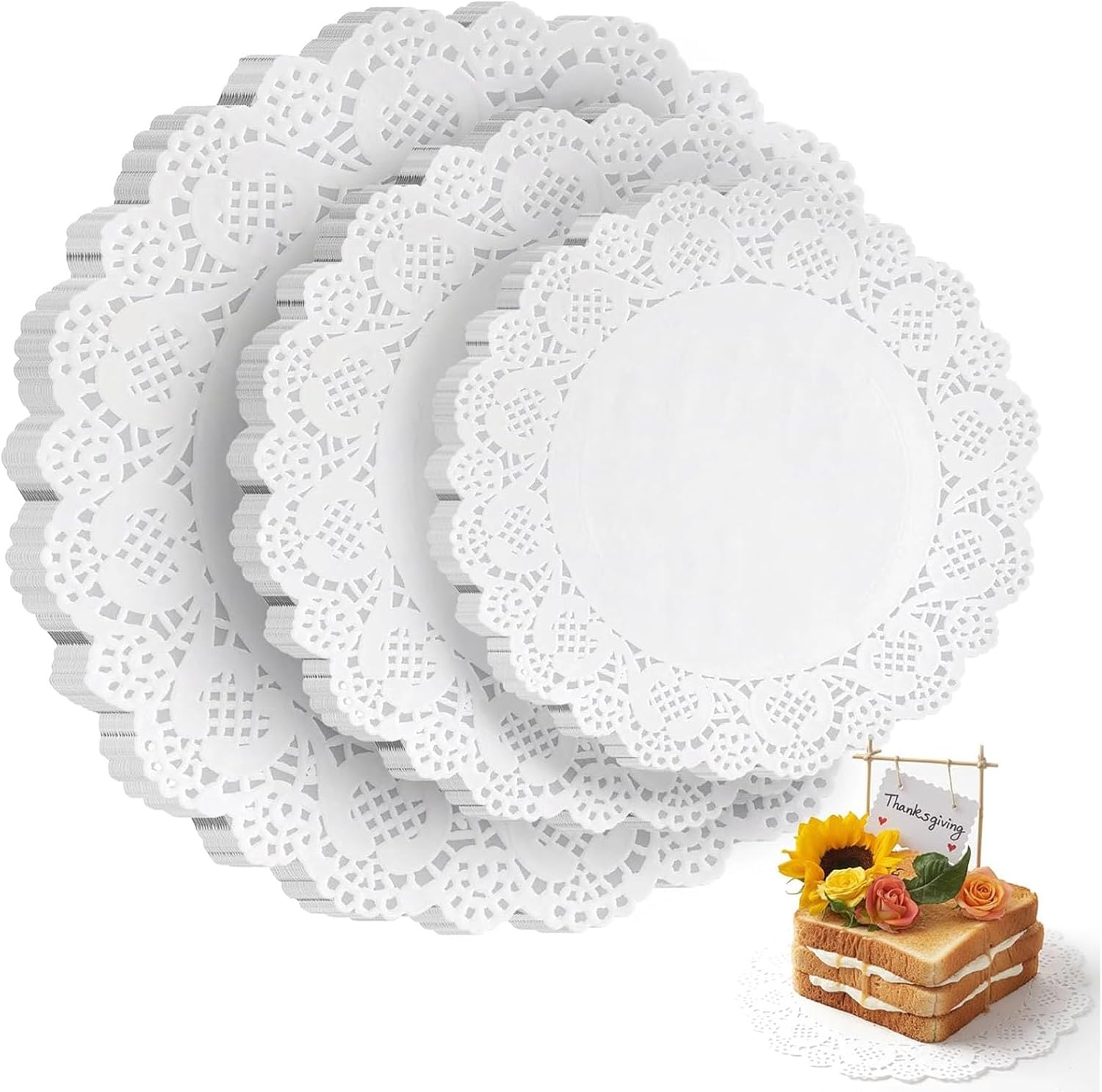 HAKSEN Paper Doilies, 36 Pack (12 Each 6.5”, 8.5”, 10.5”) – Round Lace Paper Placemats for Cakes, Dessert Trays & Table Decor Doilies for Thanksgiving Day, Wedding, Tea Party, Crafts