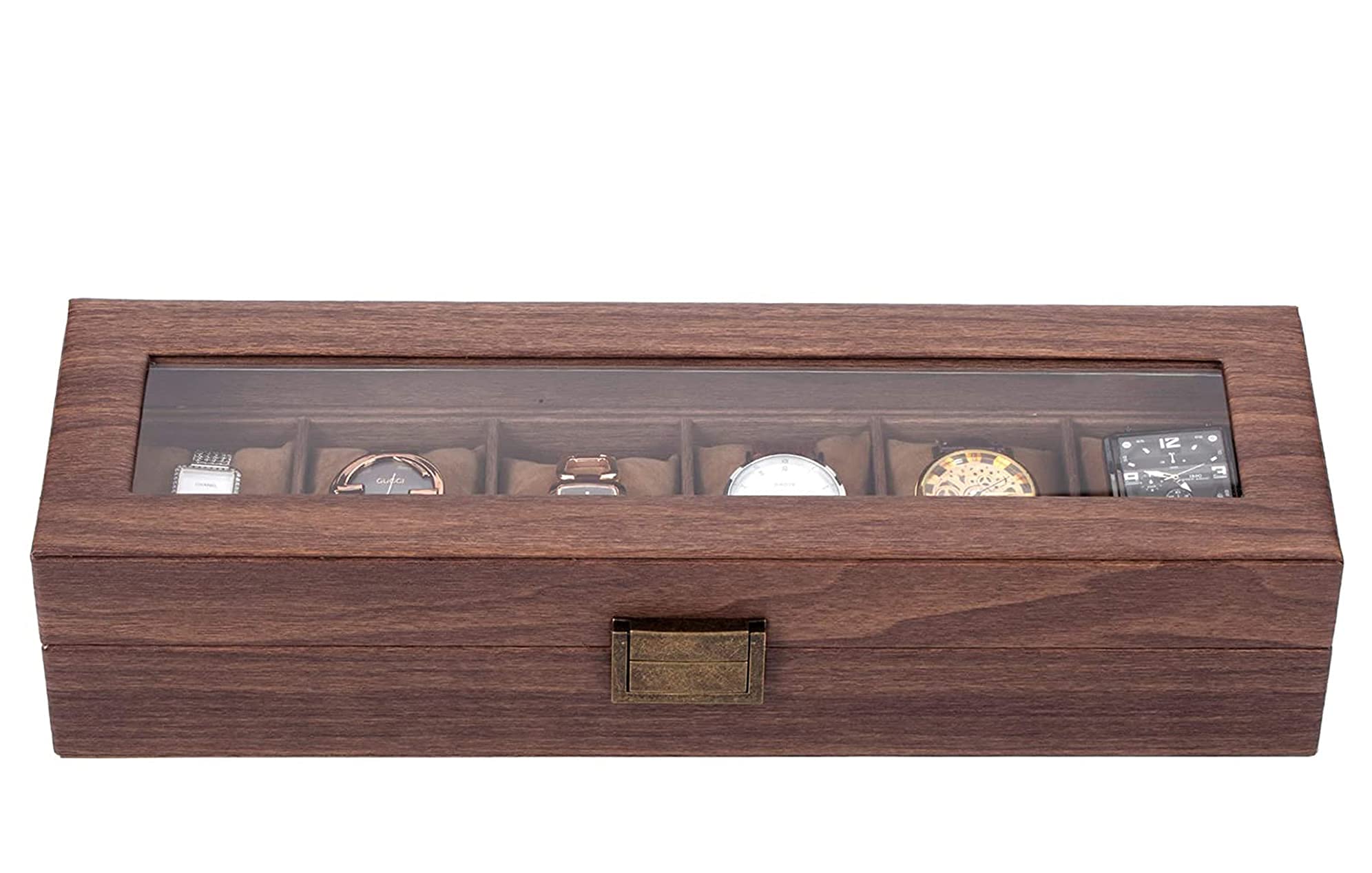 House of Quirk Wooden Look 6 Slot Watch Box Organizer Watch Case with Glass Top Antique Lock