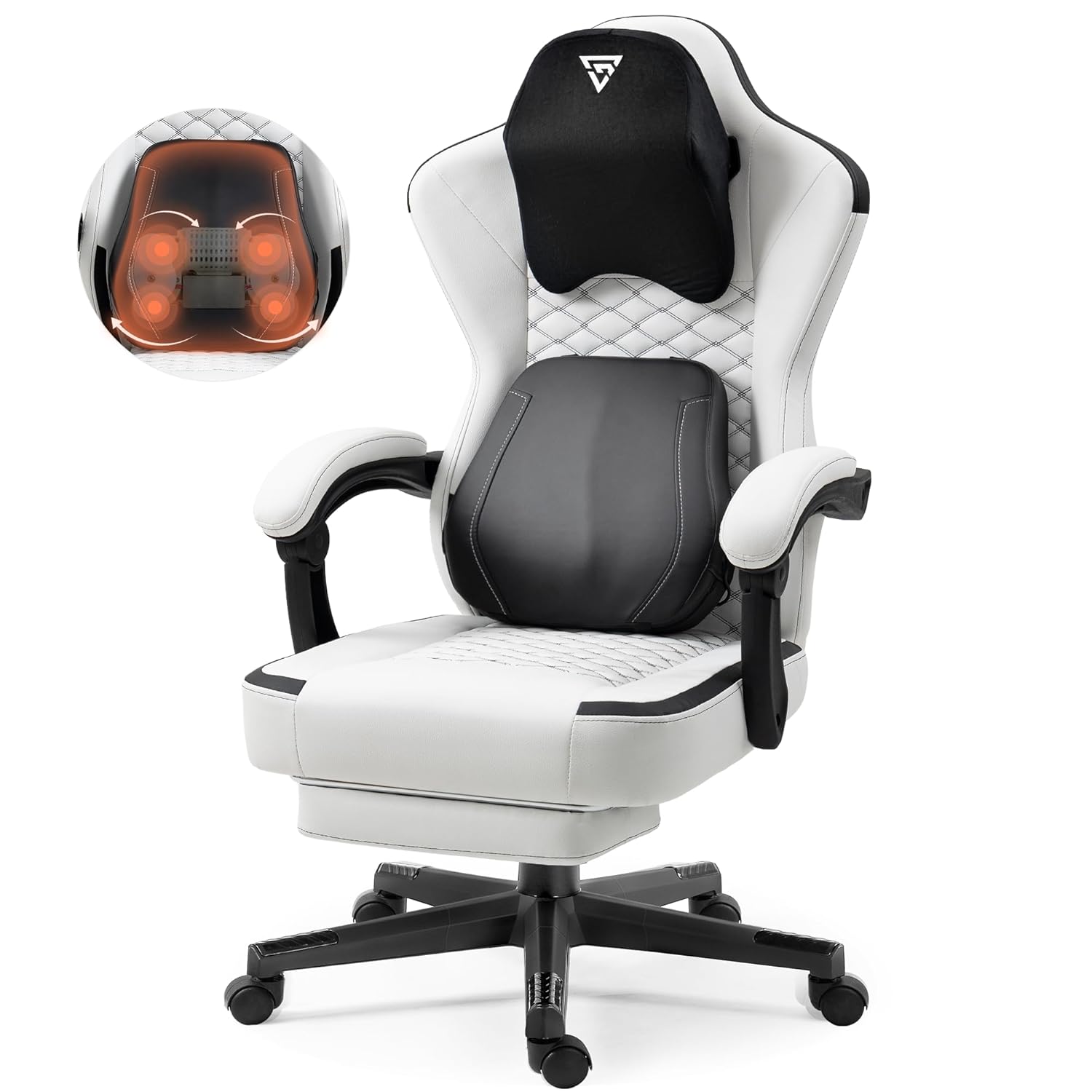 Gaming Chair with Heated Massage Lumbar Support, Ergonomic Gaming Computer Chair with Pocket Spring Cushion and Footrest, Recliner High Back PC Chair for Adult, 330lbs, White