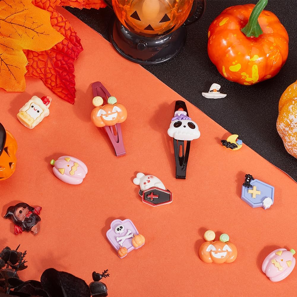 SUNNYCLUE 84pcs 14 Styles Cute Halloween Resin Charms Halloween Resin Cabochons Assorted Mixed Coffin Ghosts Pumpkin Cabochon for Jewelry Making Scrapbooking Embellishment Decorations