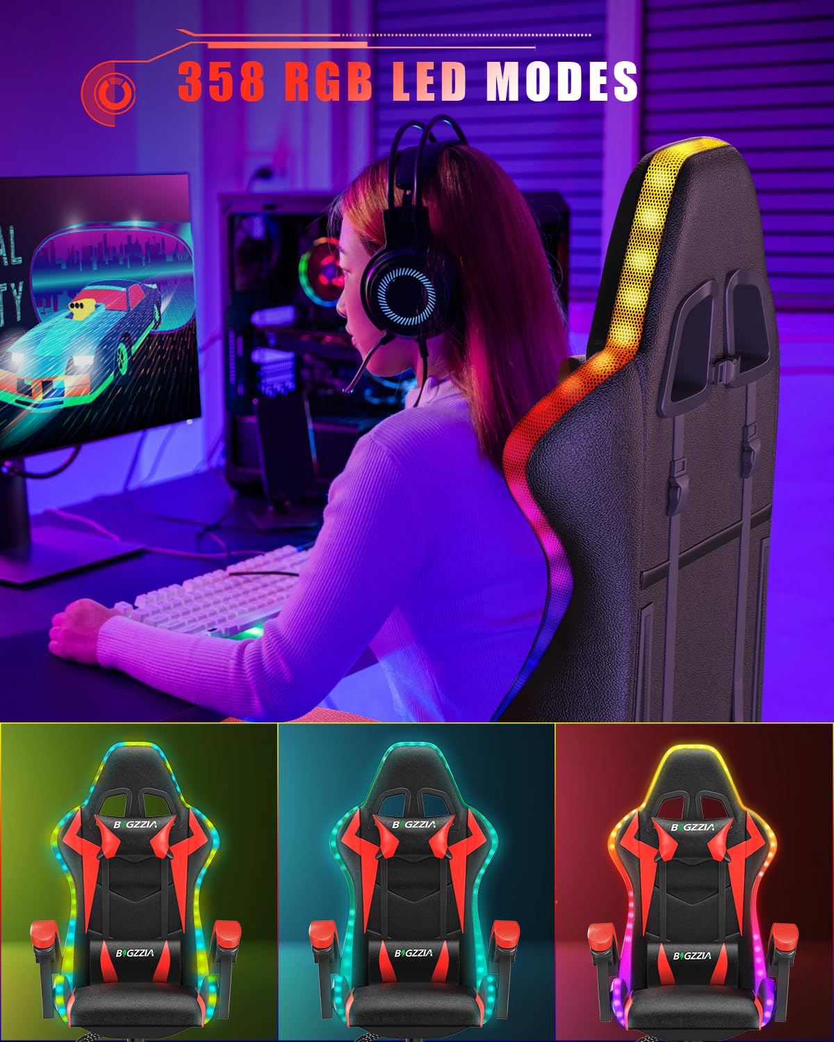 bigzzia Sedia Gaming RGB con Luci LED E Sedia Ergonomica Per Computer Per Videogiochi Reclinabile con Schienale Alto in Pelle Pu con Poggiatesta (Utilizzo di RGB, Rosso)
