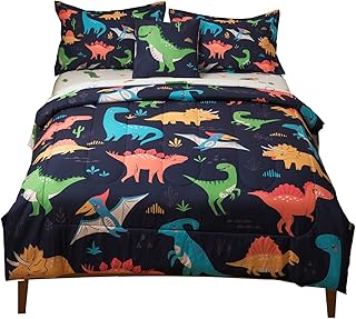 lishjekee Dinosaur Kids Comforter Set Twin 6 Pieces T-Rex Dino Bedding Set Bed in A Bag Navy Blue Cartoon Dinosaur Comforter Set with Sheets and Pillowcases