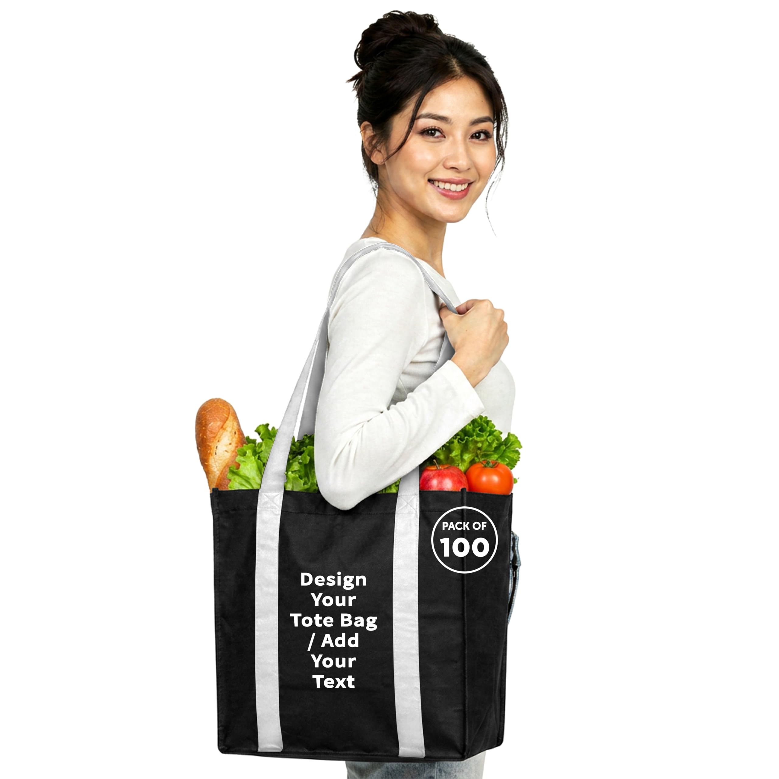 DISCOUNT PROMOS Custom Non Woven Shopping Tote Bags Set of 100, Personalized Bulk Pack - Reusable, Great for Shopping, Grocery, Beach, Picnic, Wedding Favors - Black White - Custom – Blackwhite 100 bags