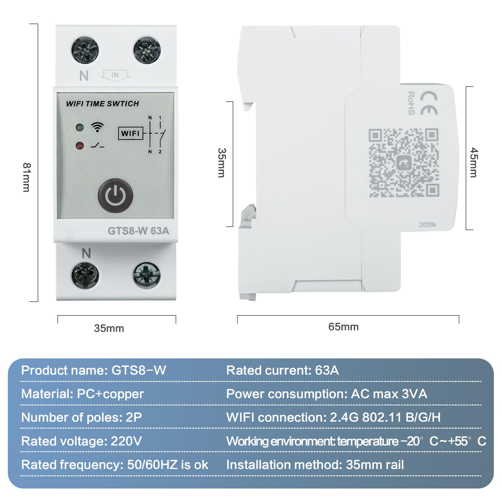Programmateur Intelligent WiFi GTS8-W AC220V Commutateur de Contrôle Horloge Modulaire de Télécommande Domestique Intelligent Compatible avec TUYA APP(2P-63A)