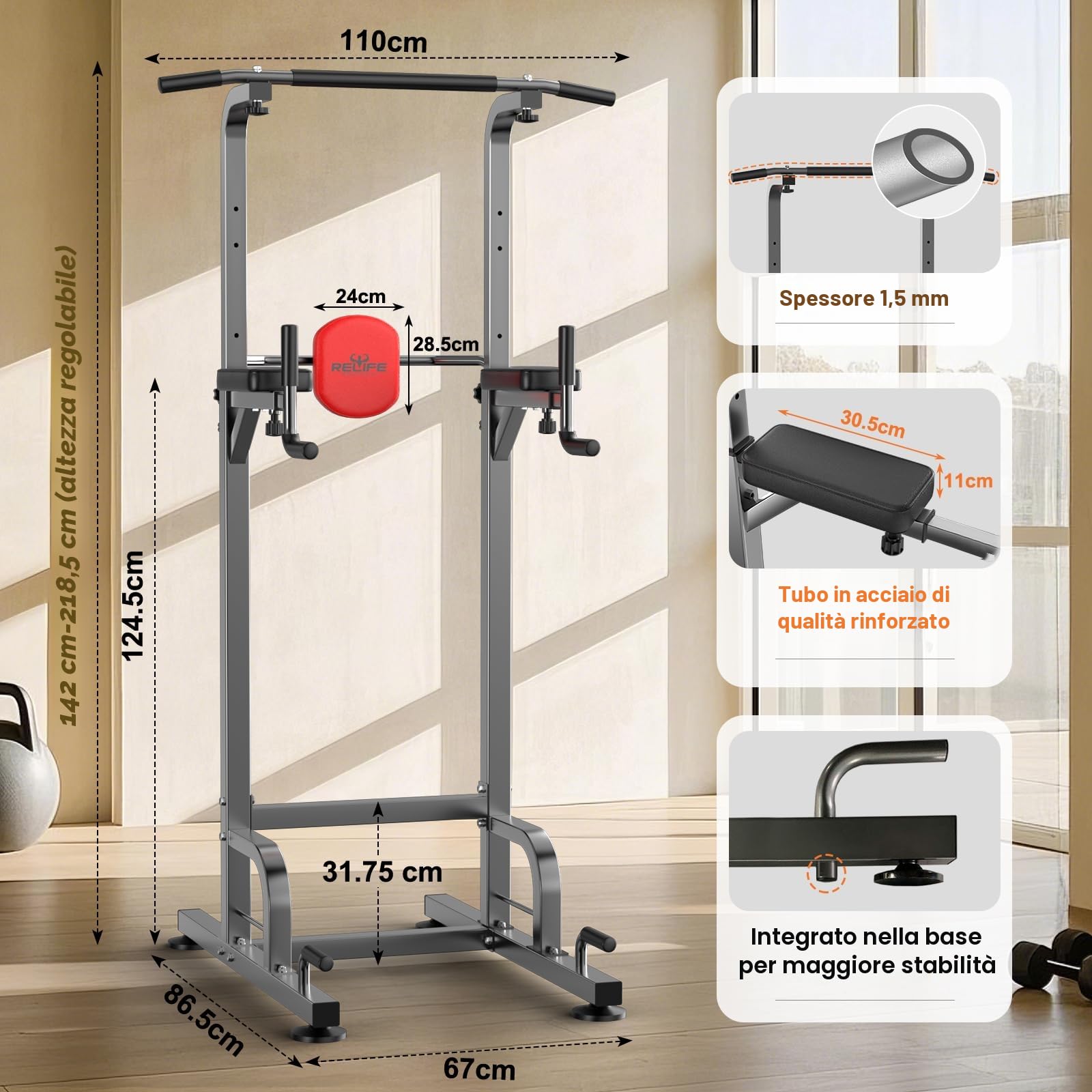 RELIFE REBUILD YOUR LIFE Power Tower Torre per Trazioni Stazione per Dip Sbarra Palestra Allenamento Casa Muscoli Multifunzione Fitness Casa Addominali Forza Attrezzi Pull Up Bar (Grigio)